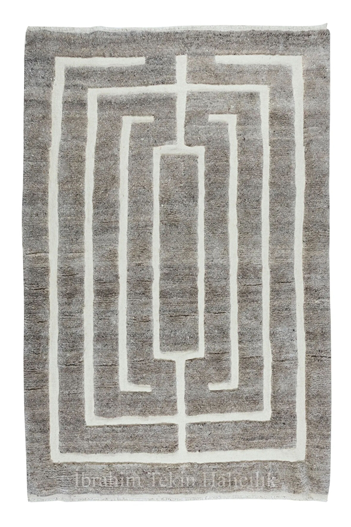 183x275 cm El Dokuması Tülü Halı, El Yapımı Bej ve Gri Geometrik Halı, 100% Yün, Oturma Odası Halısı