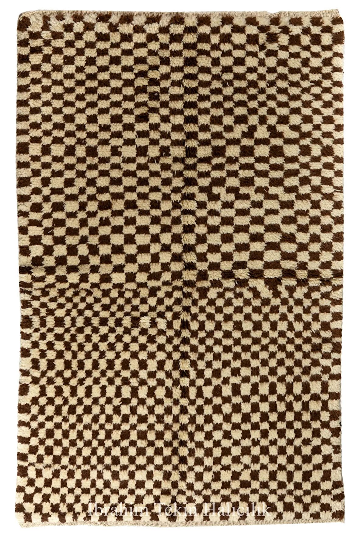 152x215 cm Kalın El Yapımı Shaggy Peluş Yün Halı. El Dokuması Kahverengi ve Bej Renkli Damalı Halı