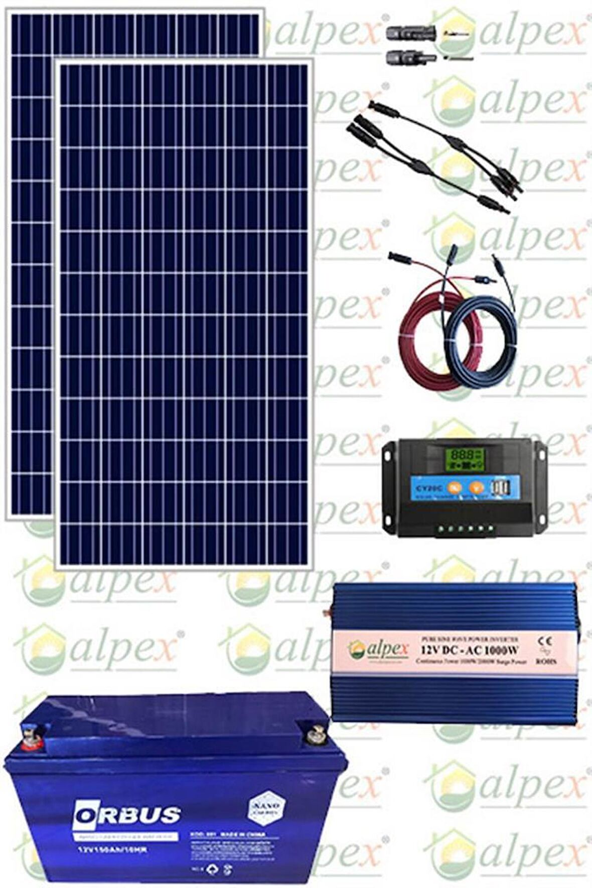 ALPEX BAĞ EVİ GÜNEŞ ENERJİSİ SOLAR PAKET SP330 170W GÜNEŞ PANELİ 100 AH JEL AKÜ 1000W İNVERTER