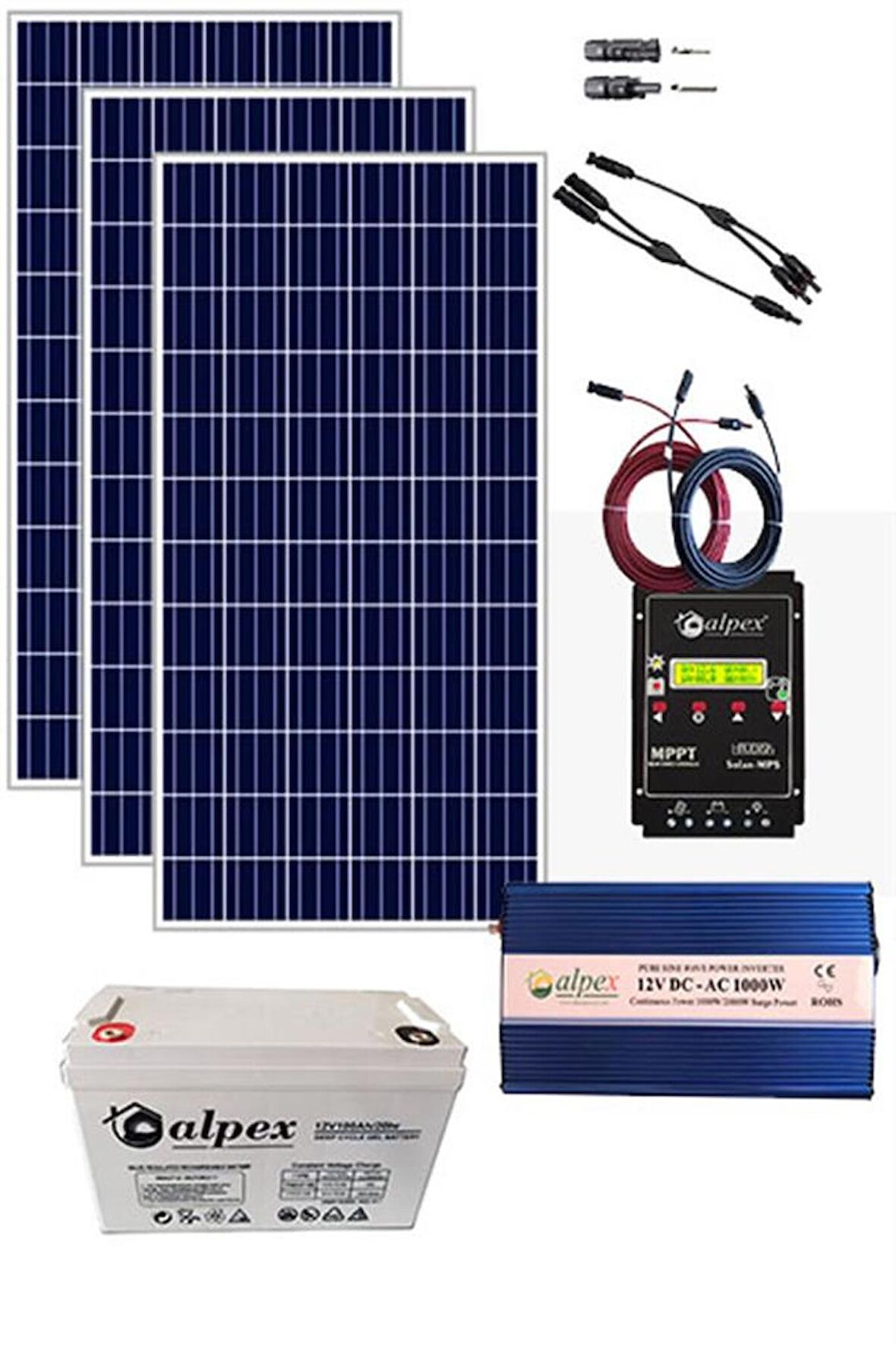 ALPEX BAĞ EVİ GÜNEŞ ENERJİSİ SOLAR PAKET SP500 165W GÜNEŞ PANELİ 200AH JEL AKÜ 1000 WATT İNVERTER