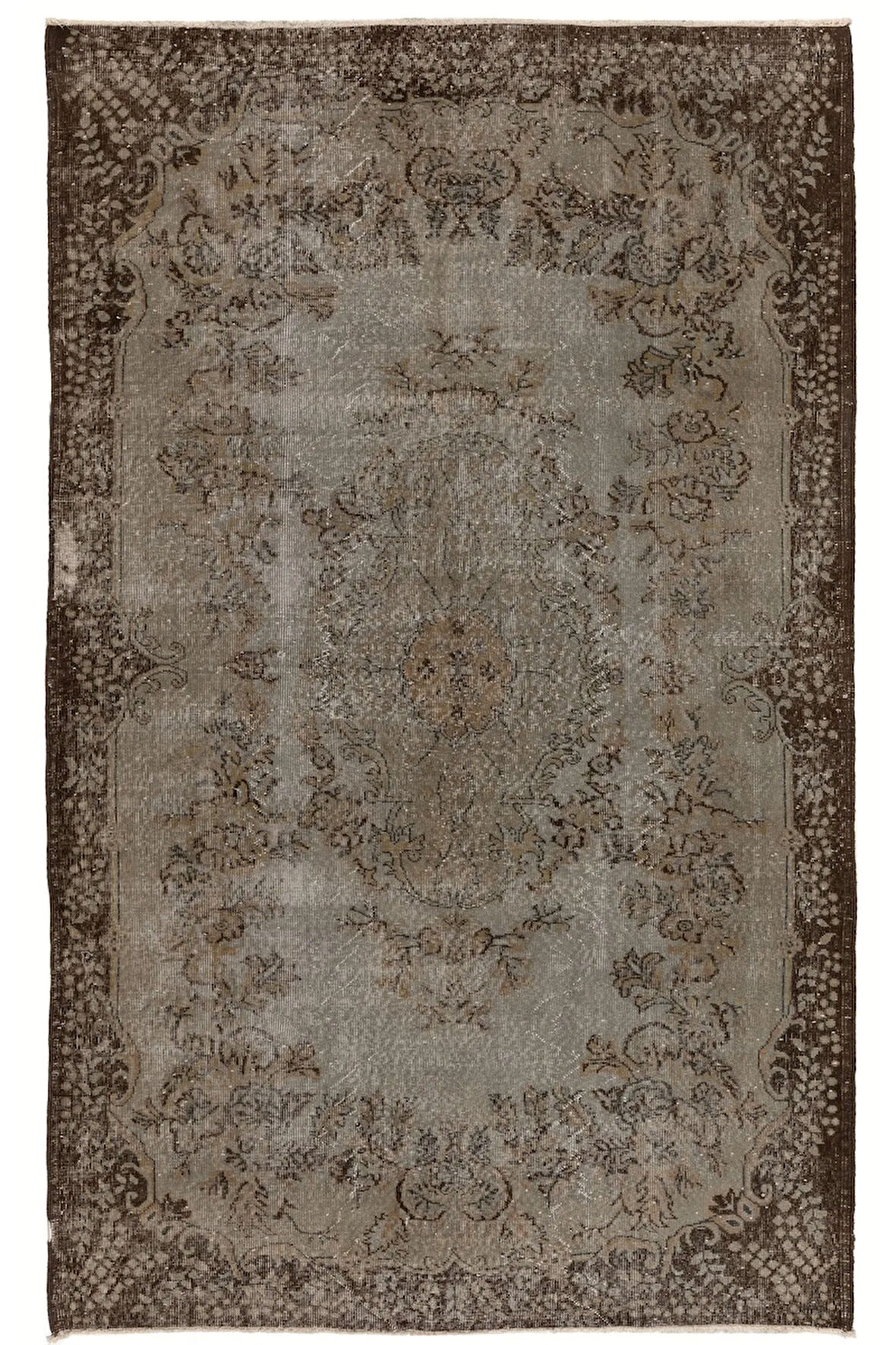 ( 175 X 283 Cm) Gri Renkli El Dokuması Anadolu Halısı, Madalyon Desenli Ve Çiçek Desenli Halı