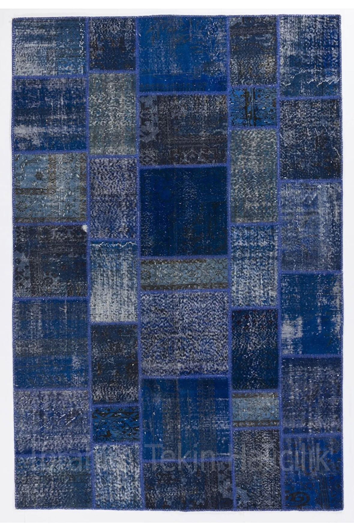 200x300 cm Mavi Tonlarda El Dokuması Patchwork Halı, Modern Ve Otantik Patchwork
