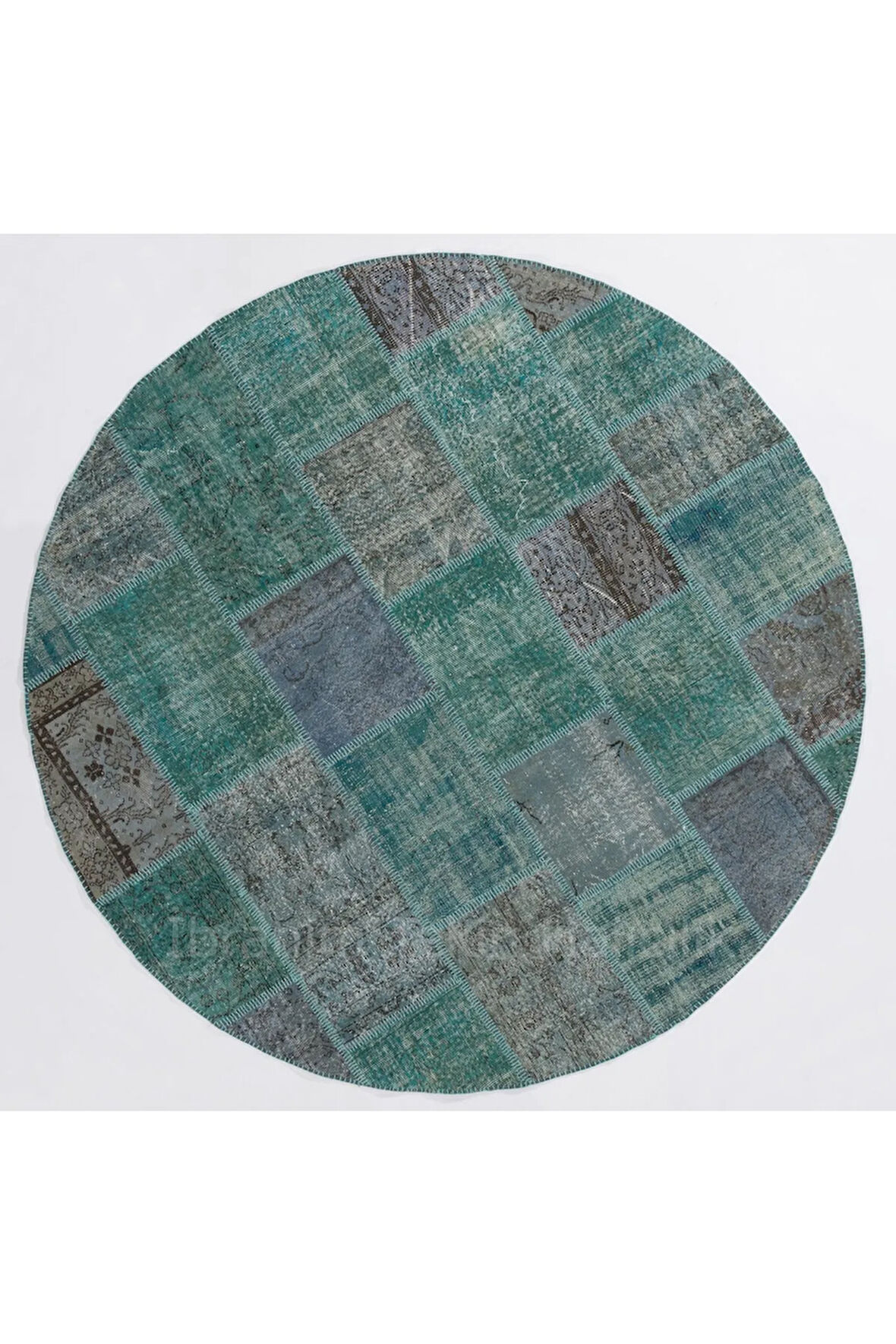 245x245 Turkuaz Yuvarlak Patchwork Halı, El Dokuma Anadolu Halısı, Deniz Mavisi Peçvörk