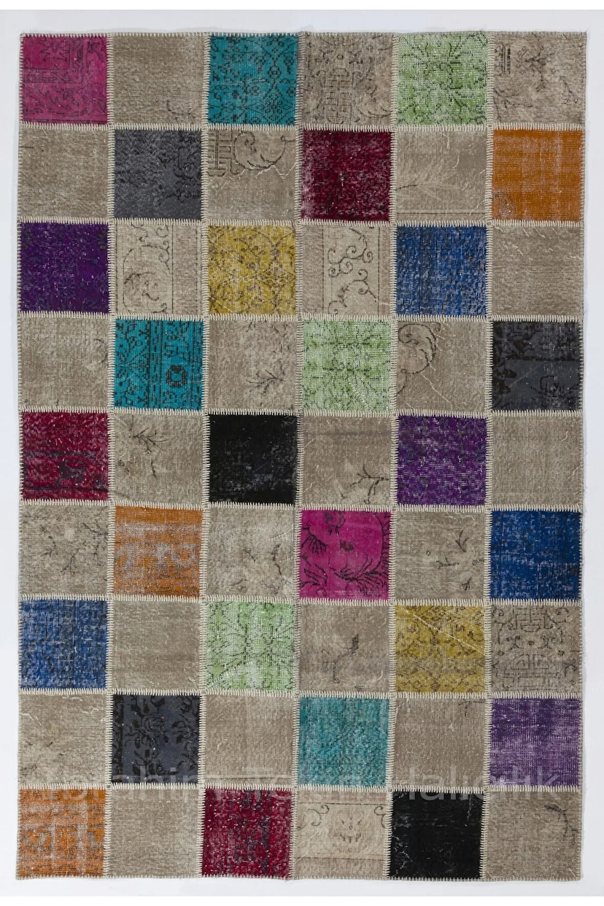 200x300 cm Çok Renkli El Dokuması Patchwork Halı, Geometrik Desenli Patchwork