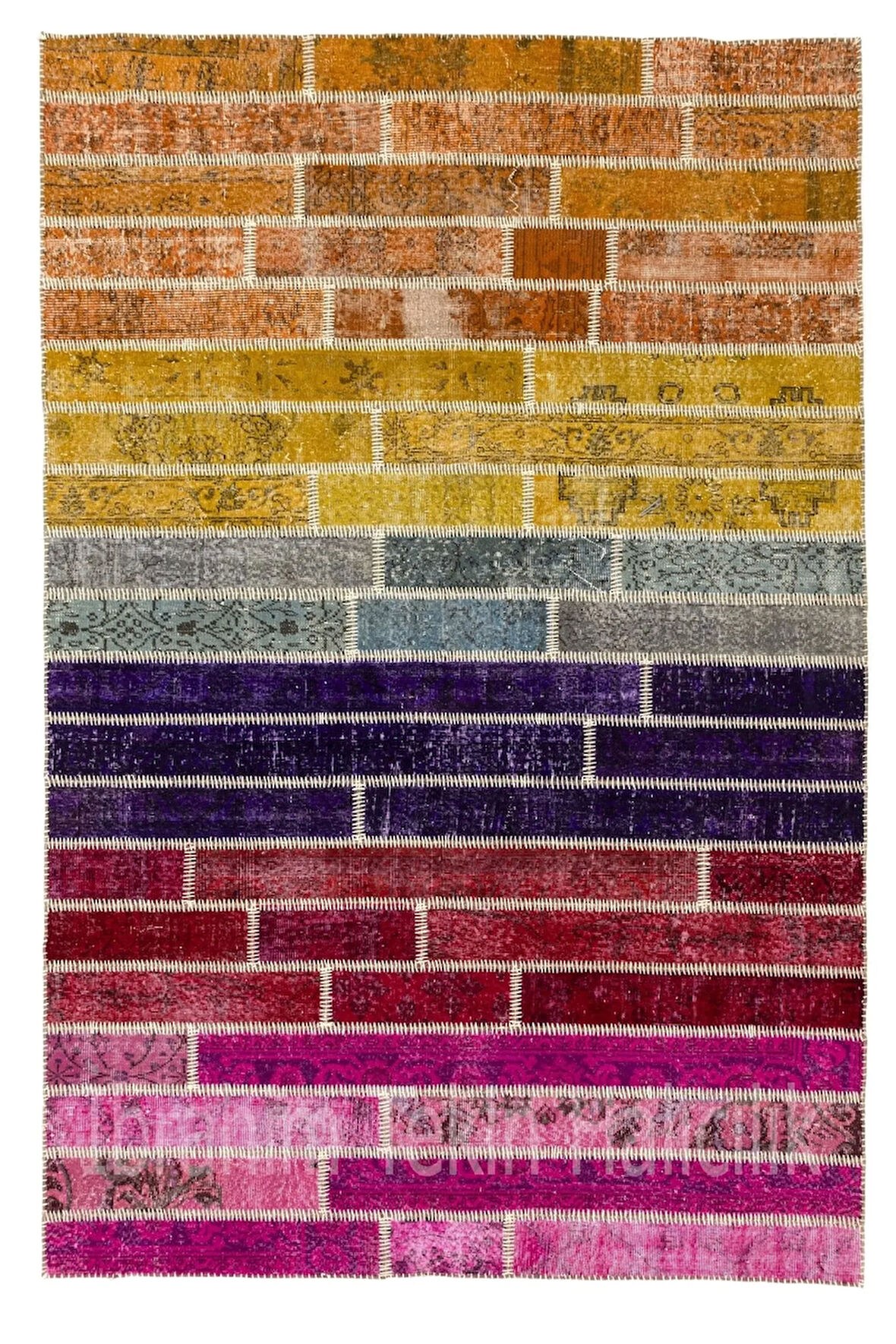 200x300 Cm Çok Renkli El Dokuması Patchwork Halı, Gökkuşağı Desenli El Yapımı Yünlü Peçvörk Halı