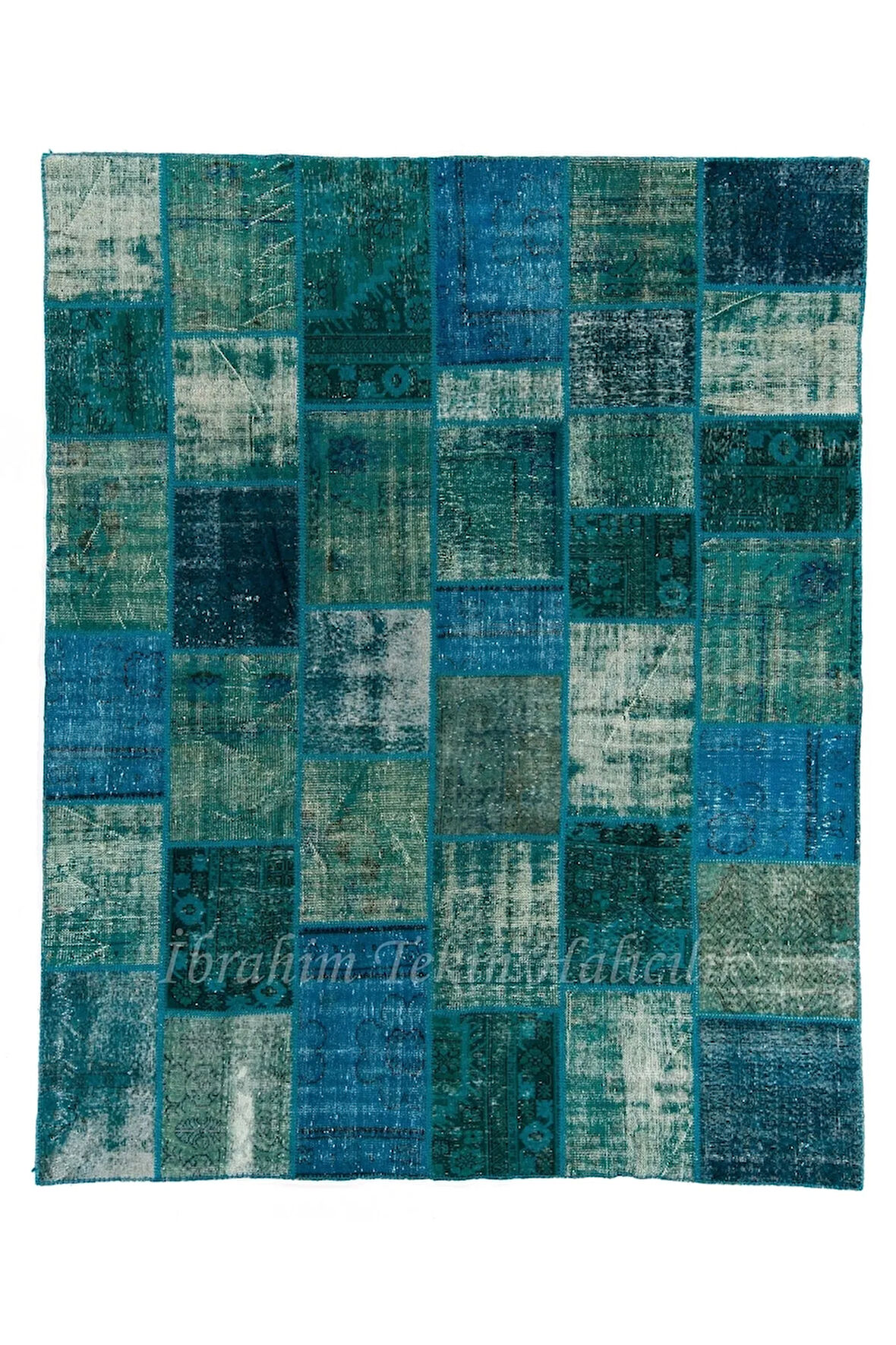 244x305 cm Mavi Tonlarda El Dokuması Patchwork Halı, Otantik Renkli Halı