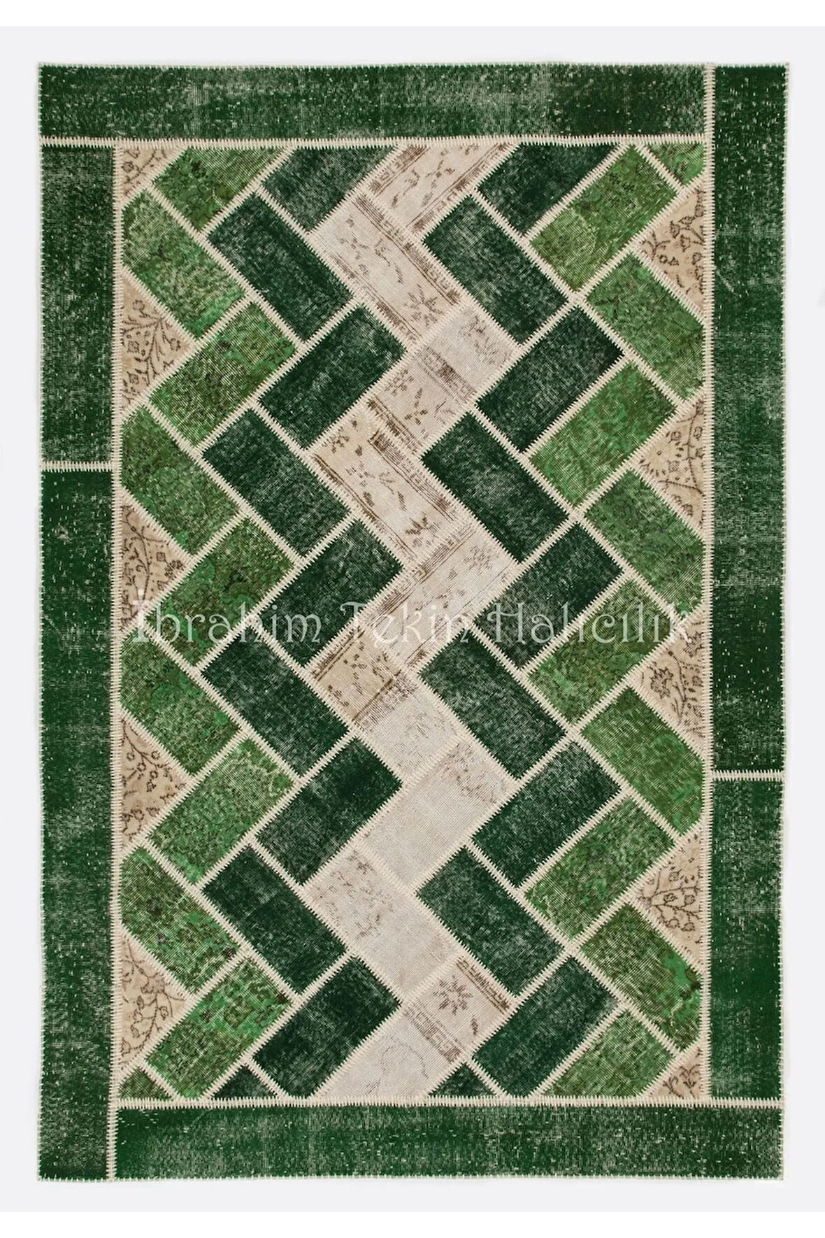 196x294 cm Yeşil Tonlarda El Dokuması Modern Patchwork, Geometrik Desenli Patchwork