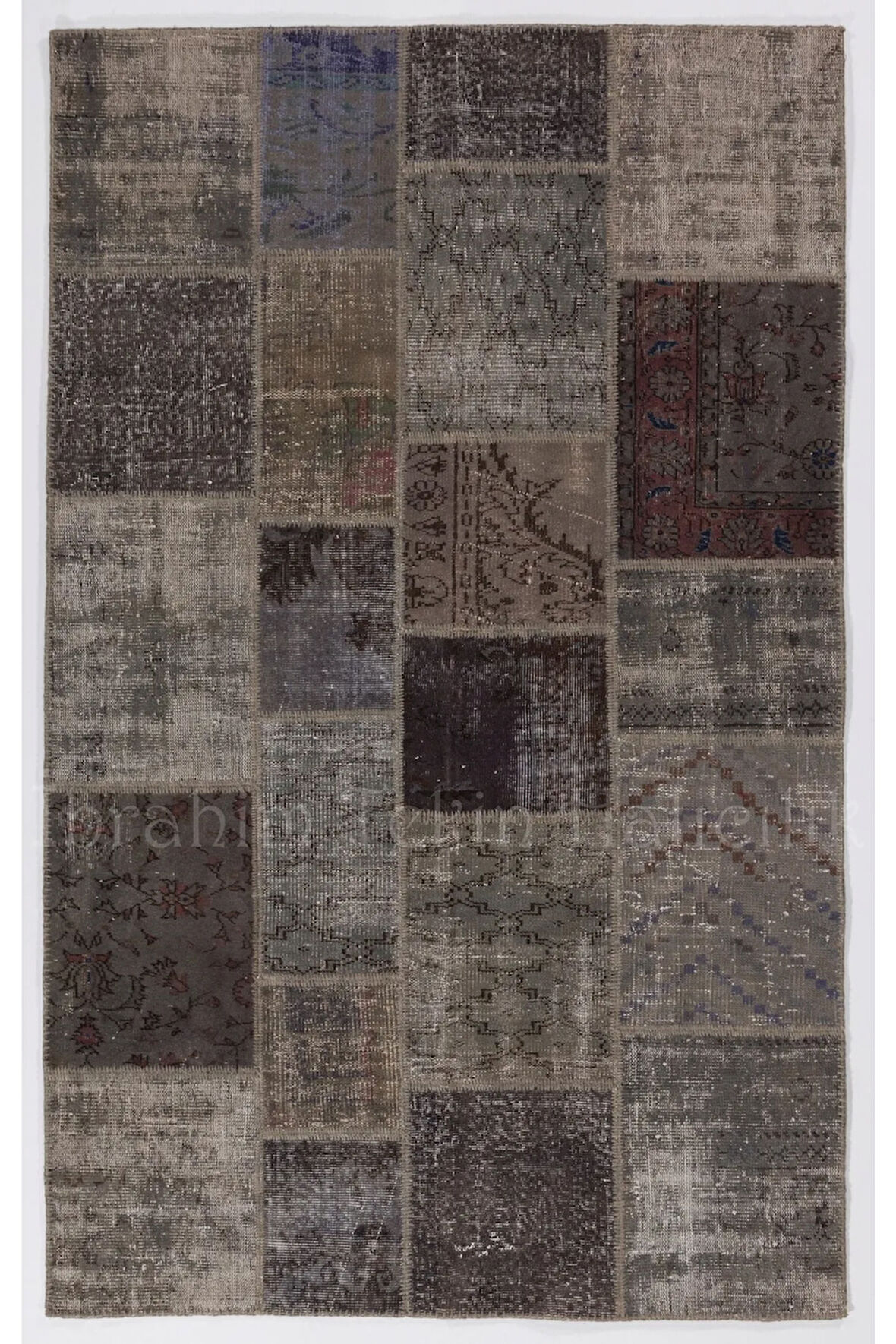 152x247 cm El Dokuması, Gri Tonlarda Patchwork Halı, Otantik, Modern Halı