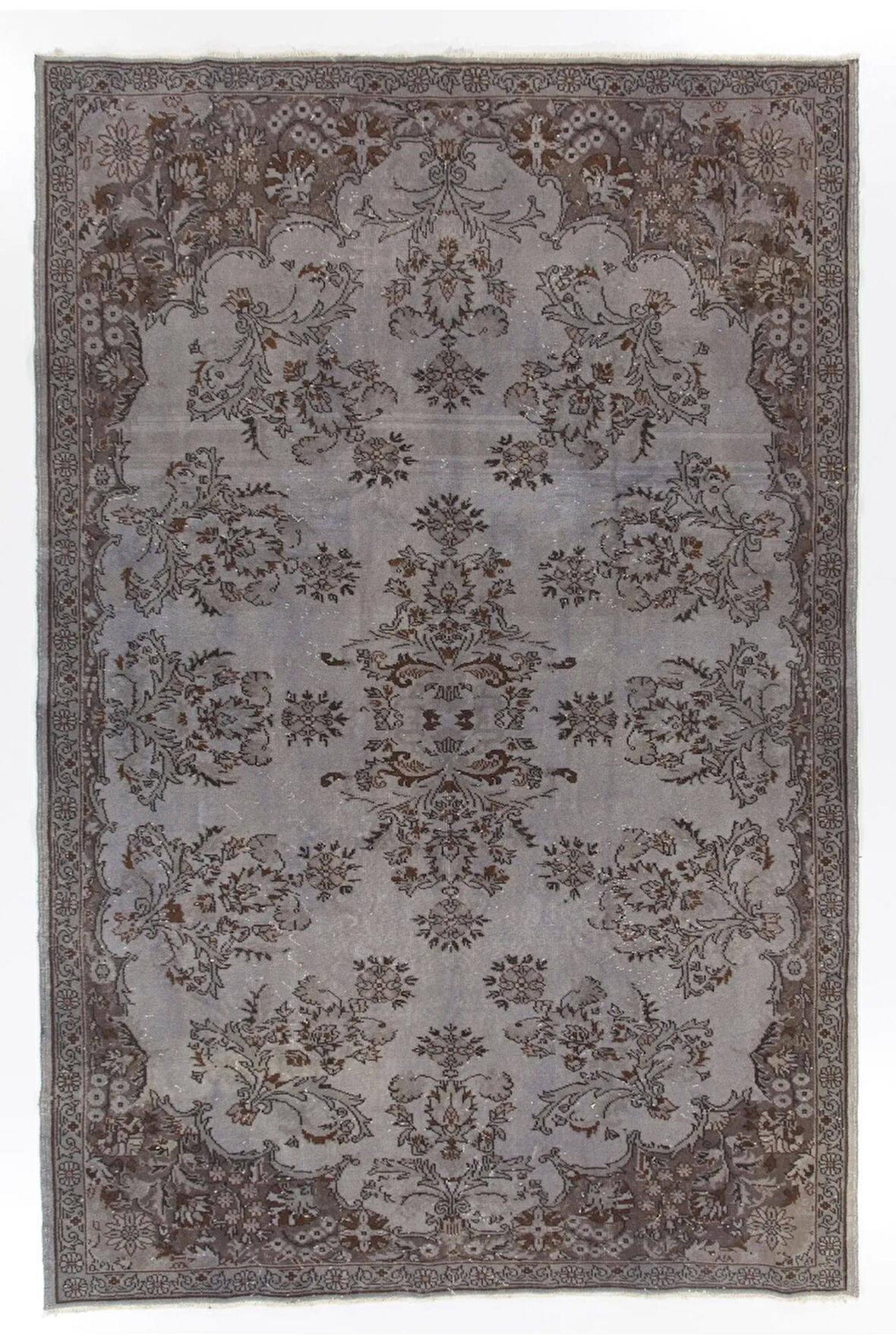 (212 X 320 CM) Gri Renk Anadolu Halısı, El Dokuması Hafif Çiçek Desenli Halı