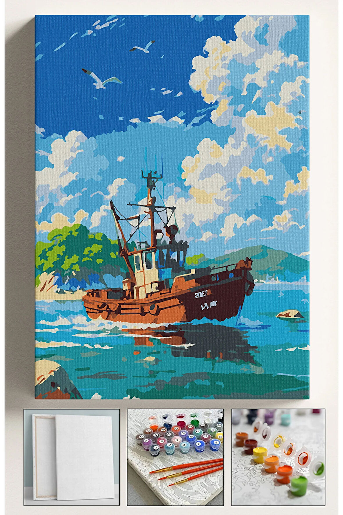 Sayılarla Boyama Çerçeveli Hobi Seti Numaralı Tuval Fırça Boya Dahil Kasnaklı TEKNE 40X50 Cm