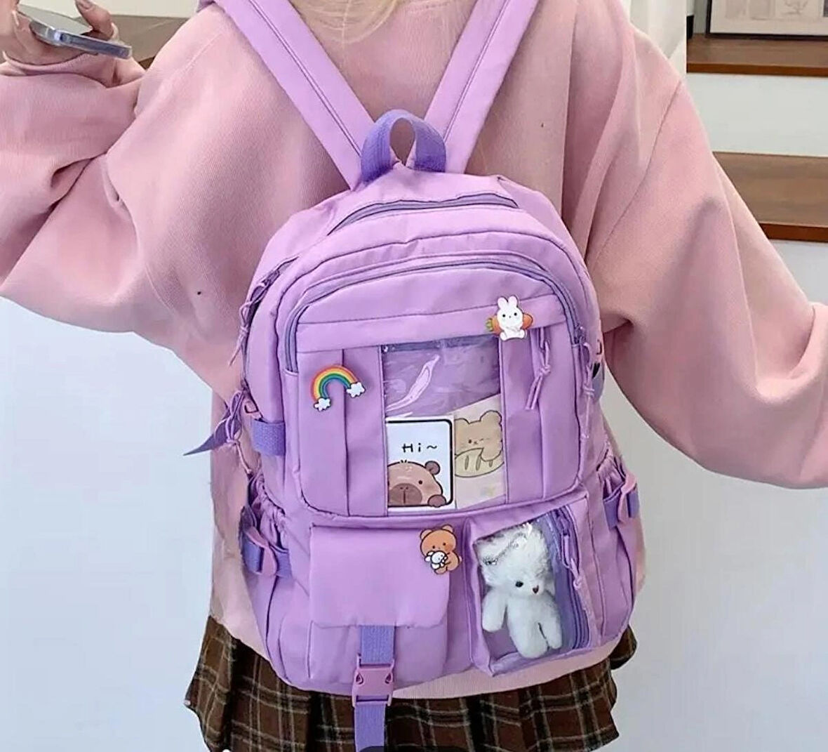 Büyük Boy Okul Çantası Rozetli Peluşlu Çok Cepli