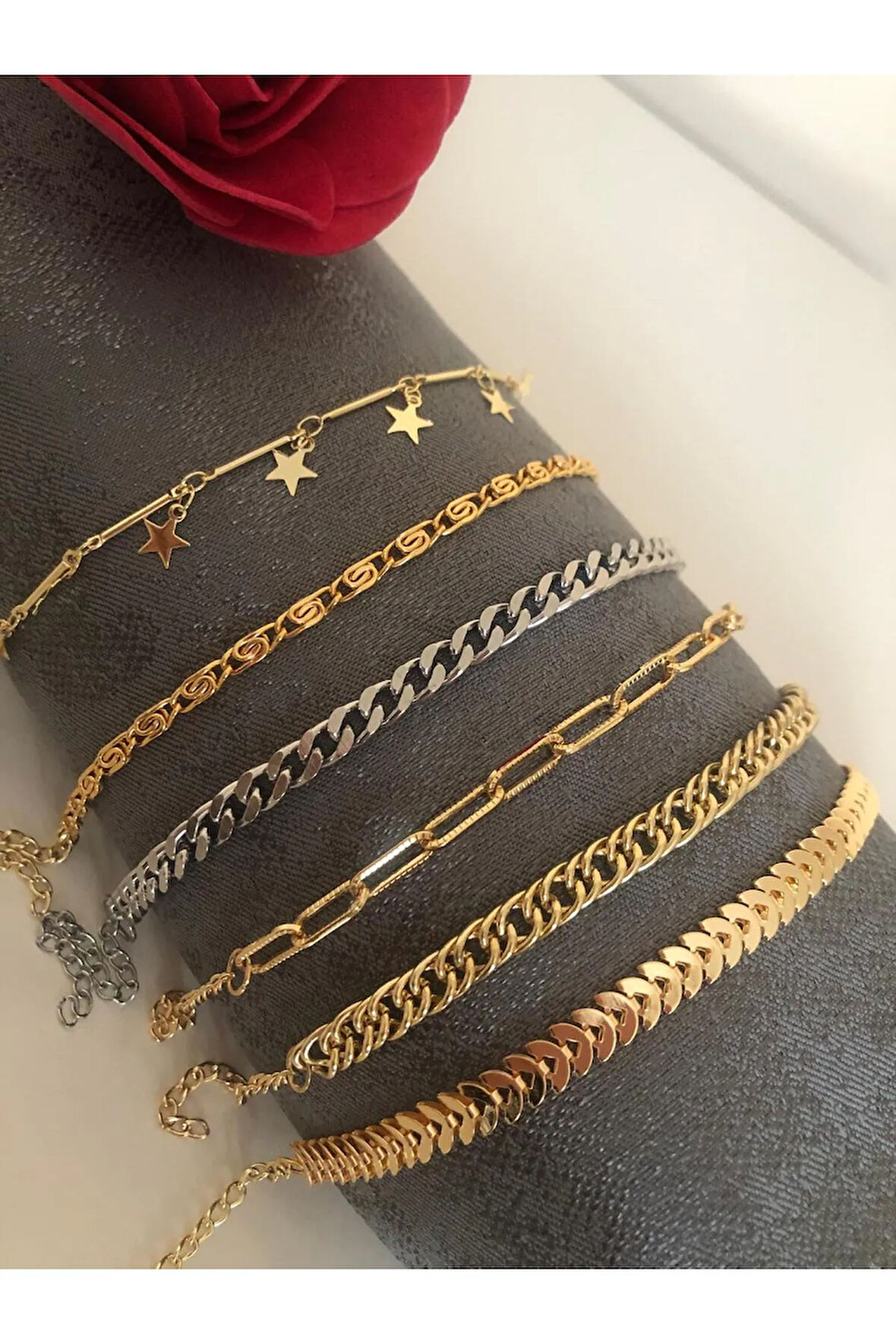 6 Lı 1 Gümüş 5 Gold Renk Altın Kaplama Kombin Bileklik Seti