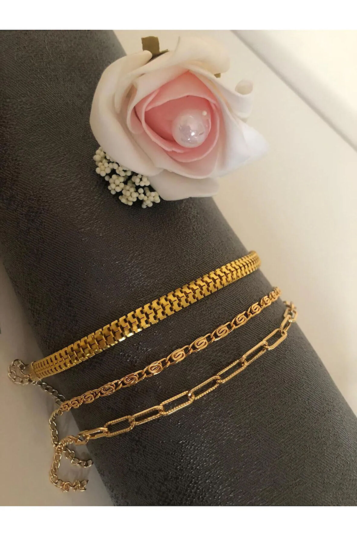 3 Lü 3 Gold Renk Altın Kaplama Kombin Bileklik Seti