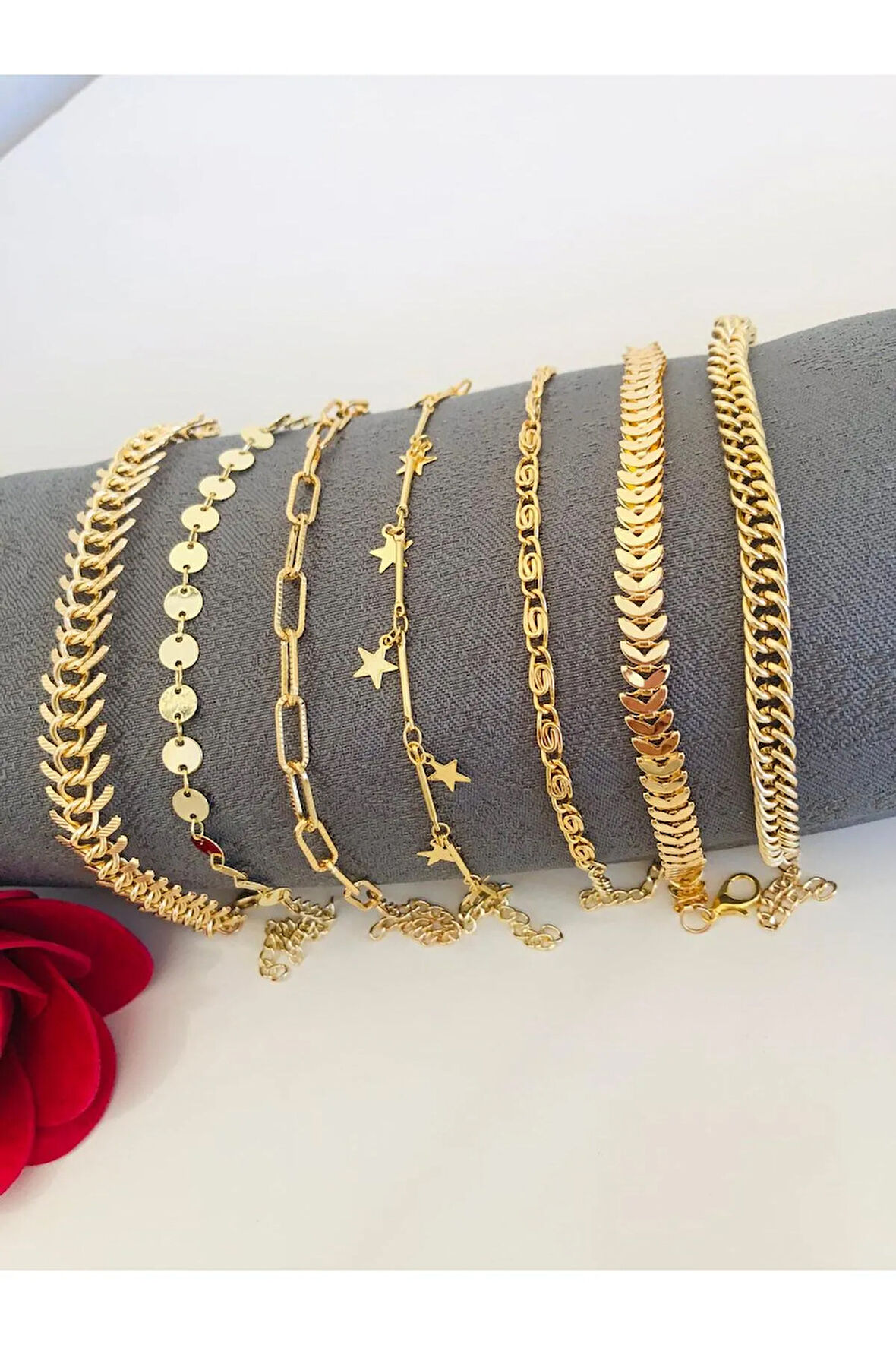 7 Lİ 7 Gold Renk Altın Kaplama Kombin Bileklik Seti