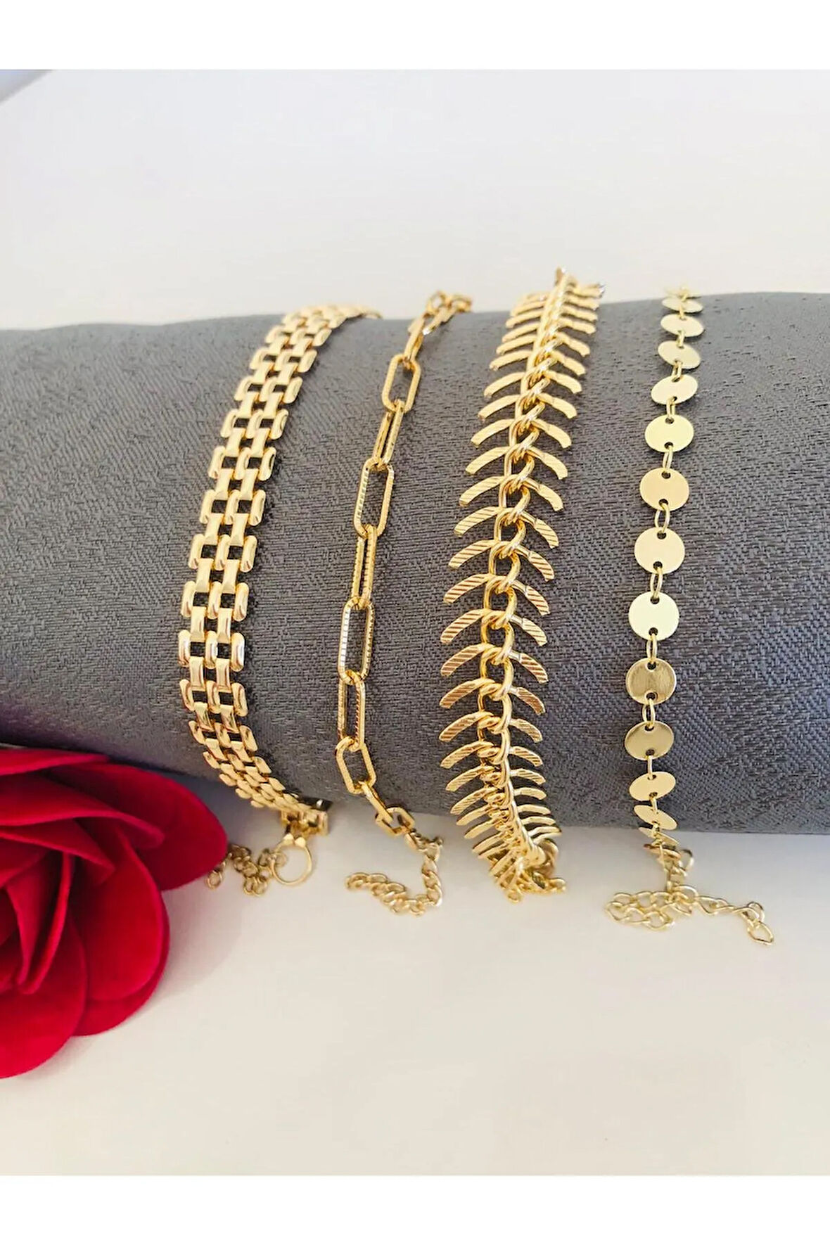 4 Lü 4 Gold Renk Altın Kaplama Kombin Bileklik Seti