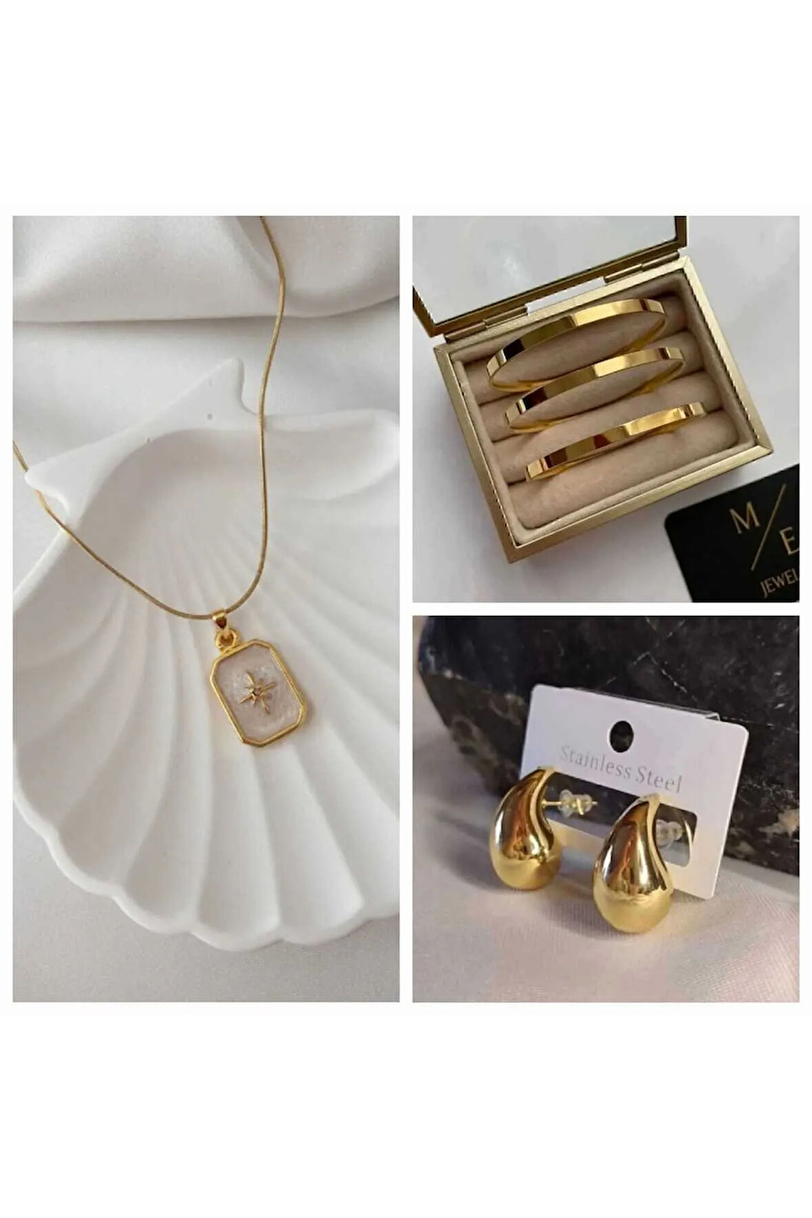 Kutup Yıldızı Kolye + 3 lü Kalın Ajda + Botega Gold Renk Küpe Kombinli Set