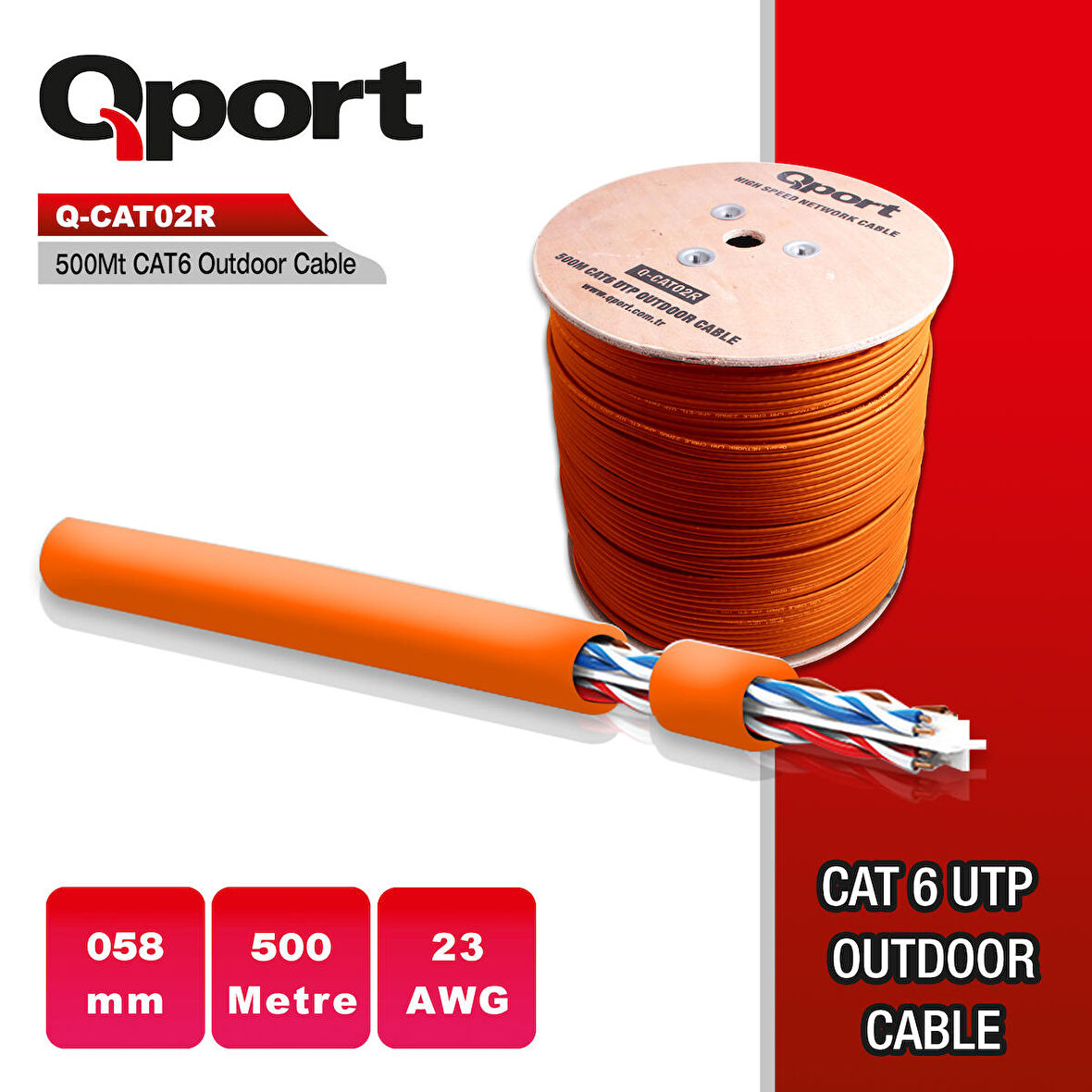 500M CAT6 OUTDOOR TURUNCU UTP 23AWG KABLO (Q-CATO2R)