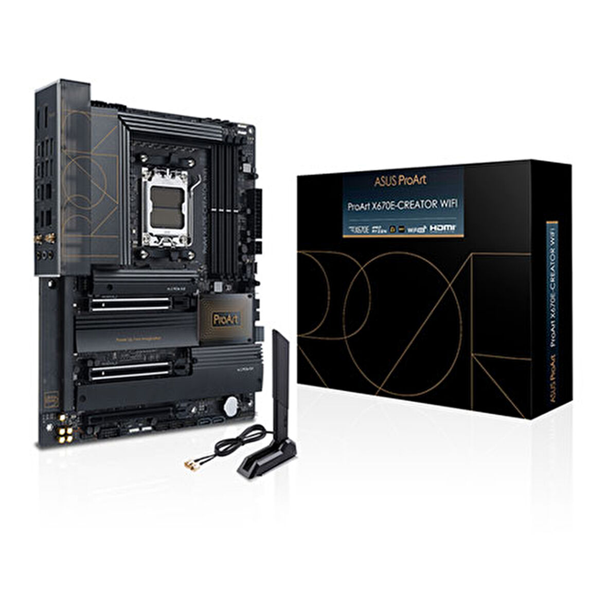 PROART X670E-CREATOR WIFI AMD X670E AM5 DDR5 6400 2XUSB4 (THUNDERBOLT) HDMI 4X M2 USB3.2 WİFİ 6E AURA RGB 10GBİT + 2.5GBİT LAN ATX 128GB’A KADAR RAM DESTEĞİ PCIE5.0  5X PROTECTION III