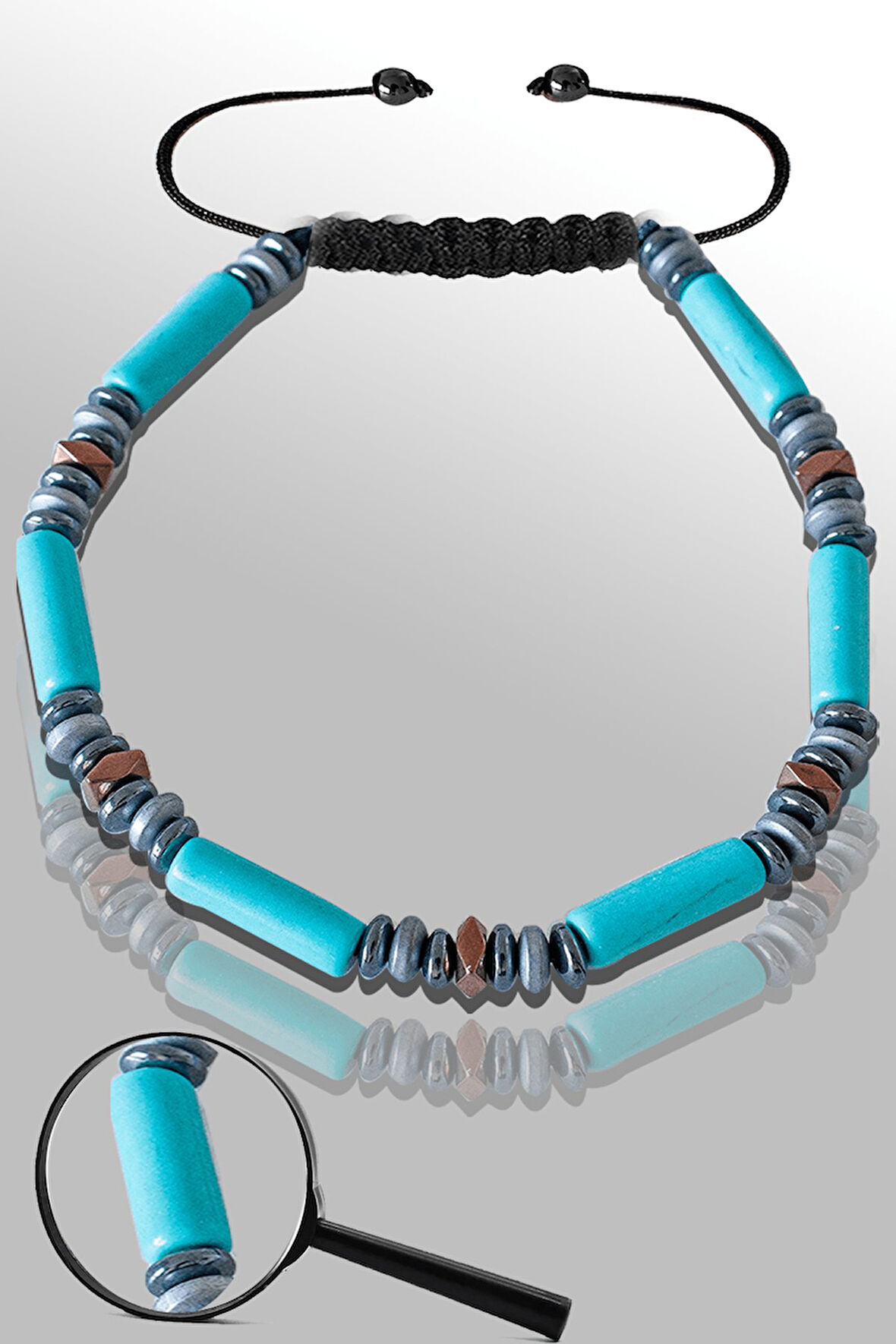 Sertifikalı AAA+ Hematitli Dikdörtgen Model Firuze Taşı Bileklik - Turkuaz Taşı