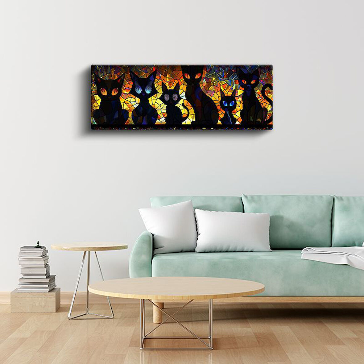 Vitray Kediler - Renkli Cam Efektli Siyah Kedi Siluetleri Kanvas Tablo