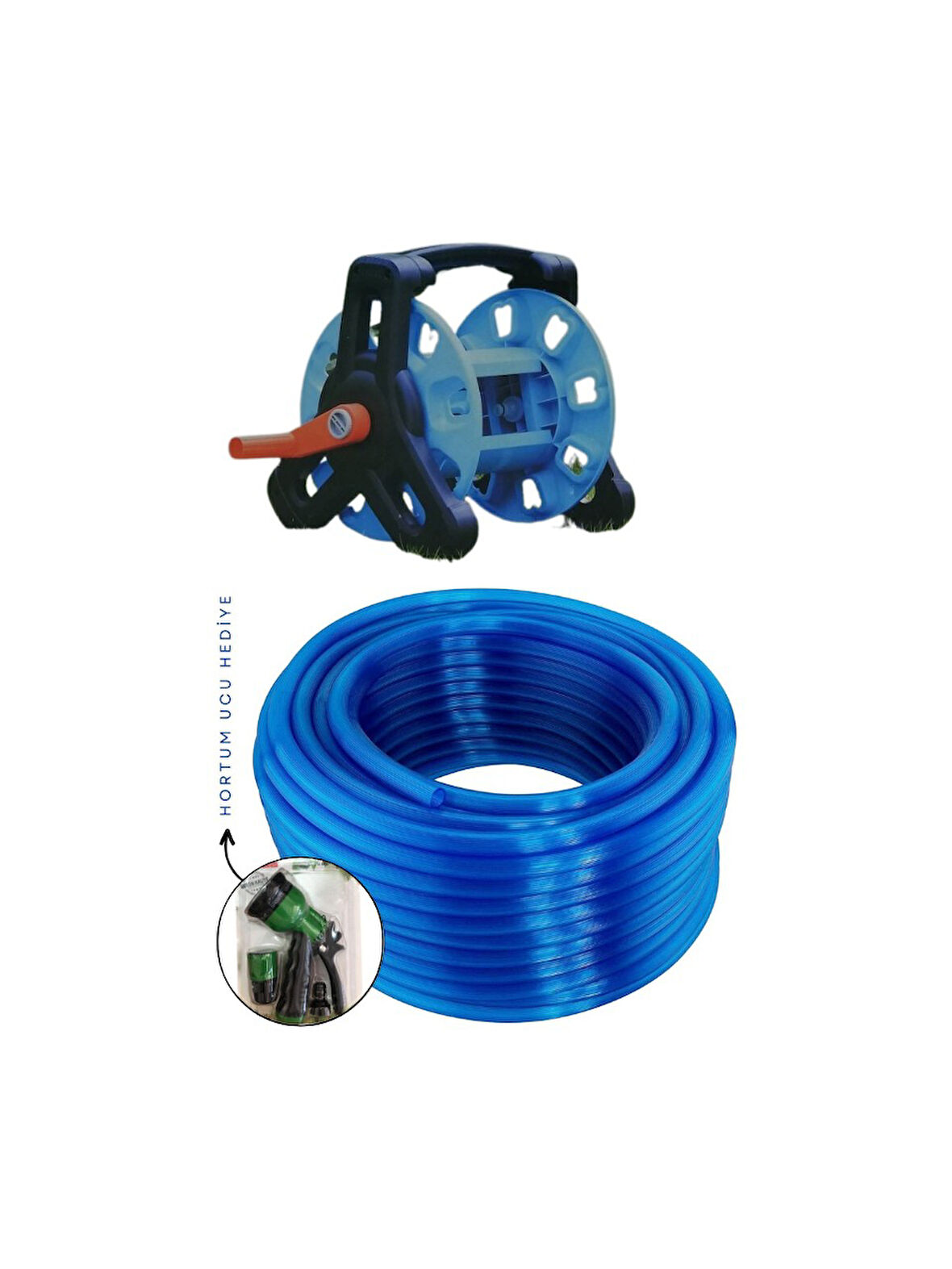 Taflan 3'lü Bahçe Seti-Hortum Makarası, Silikonlu Hortum 1/2" 20 mt ve 8 Fonk. Uç