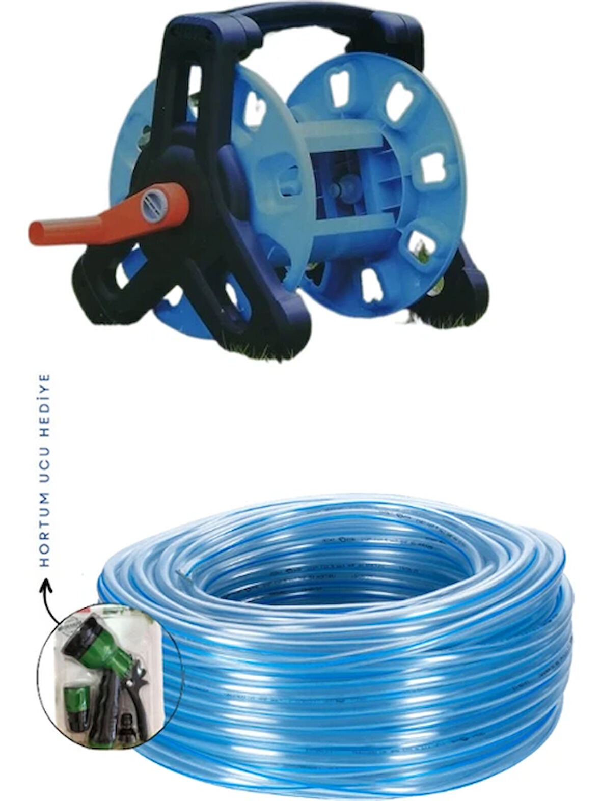 Taflan 3'lü Bahçe Seti-Hortum Makarası, Şeffaf Silikonlu Hortum 1/2" 15 mt ve 8 Fonk. Uç