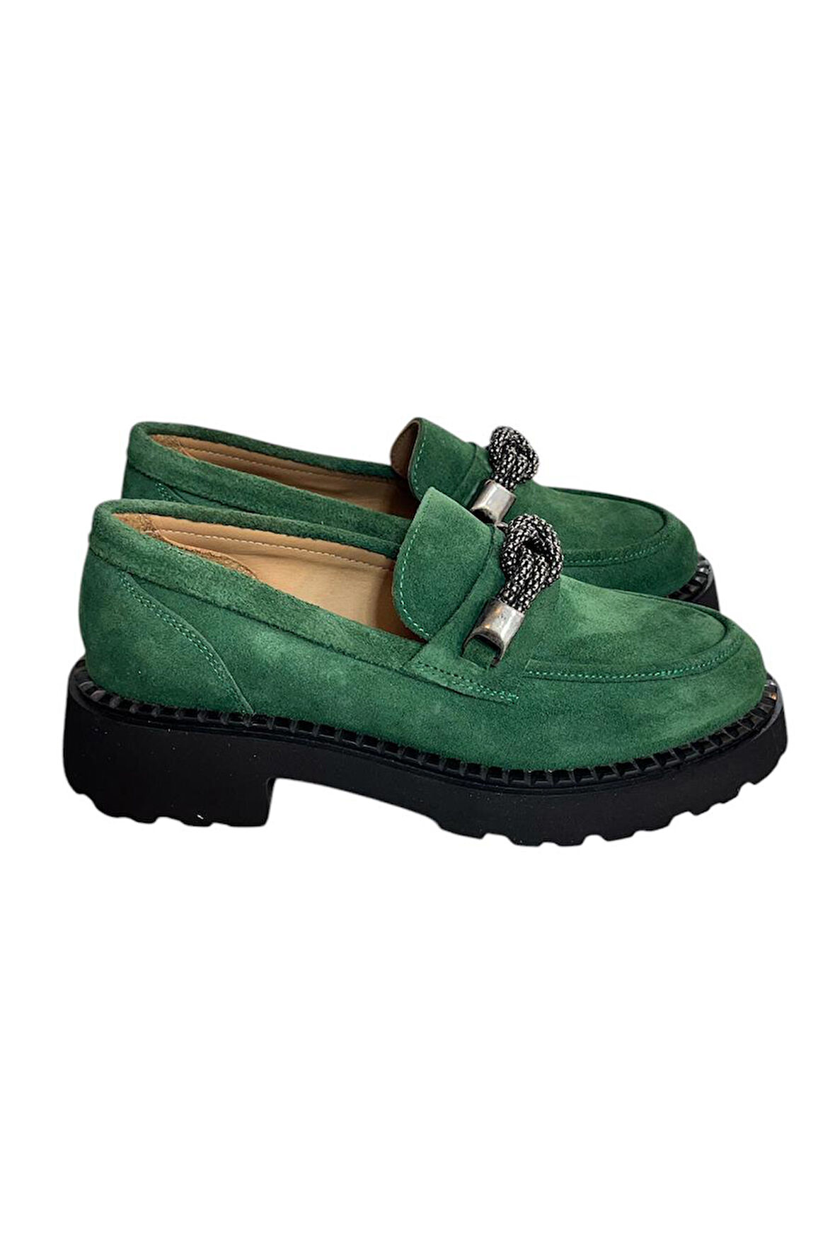 Yeşil Hakiki Deri Kalın Taban Loafer