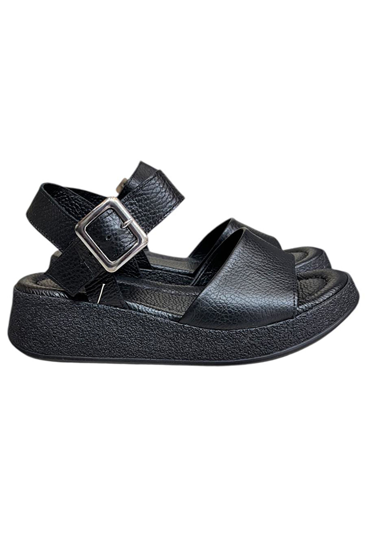 Siyah Hakiki Deri Bilekten Bağlı Comfort Taban Sandalet 