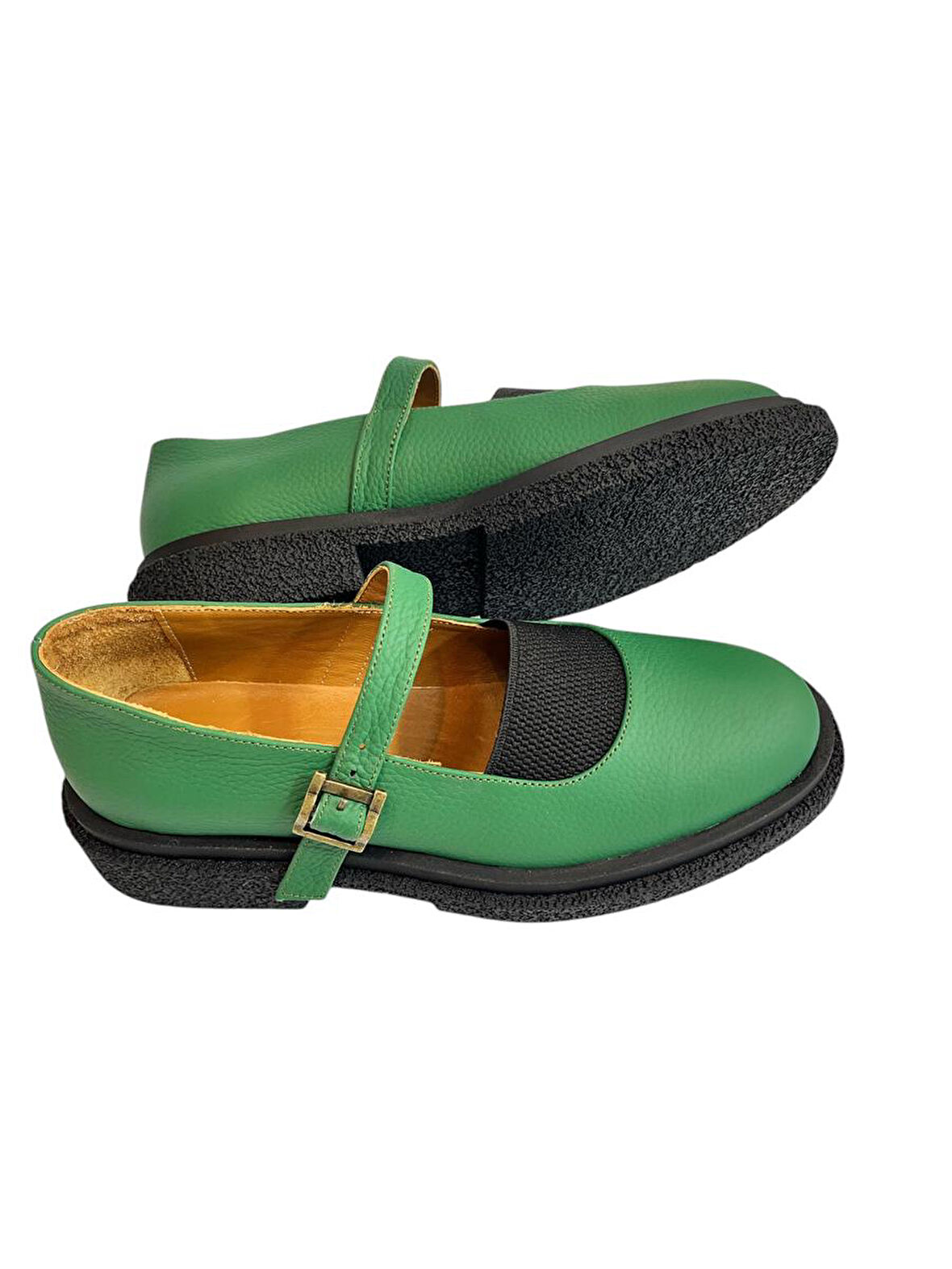 Yeşil Hakiki Deri Üst Kısmı Lastikli Babet