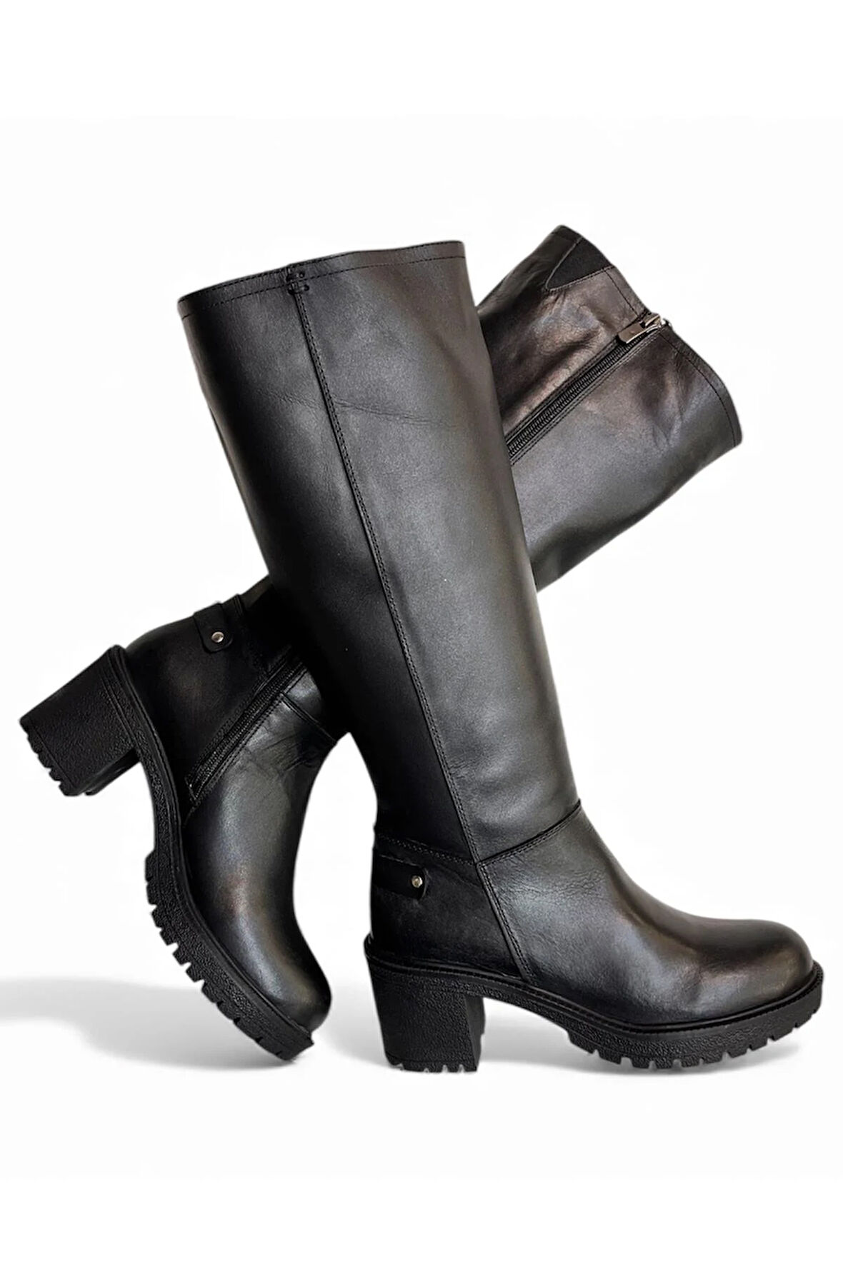 Siyah Hakiki Deri Fermuarlı Çizme 