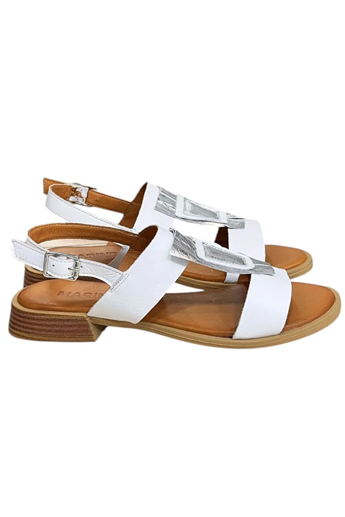 Beyaz Hakiki Deri Çift Bantlı Yumuşak Taban Comfort Sandalet