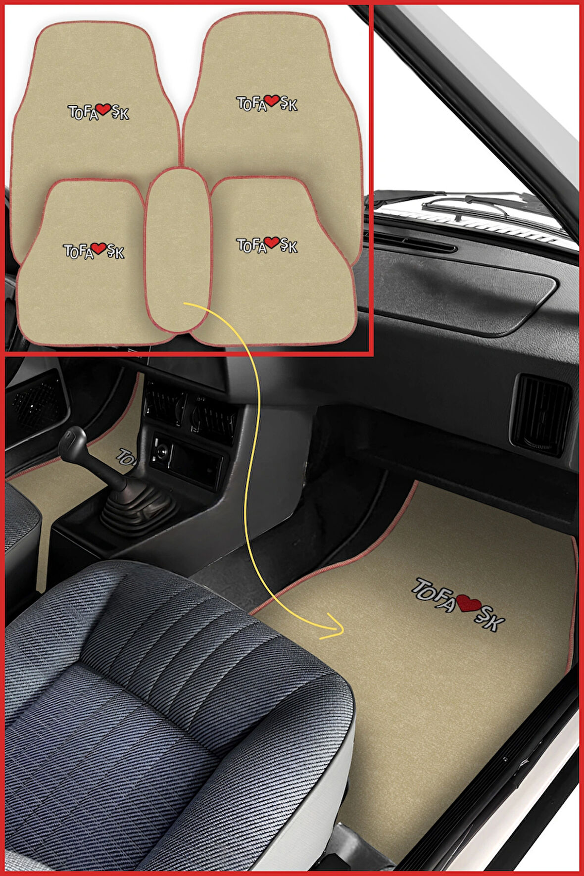 Tofaş Şahin Doğan Kartal uyumlu 5 Parça Nakış İşlemeli Bej Renk Araç Oto Halı Paspas
