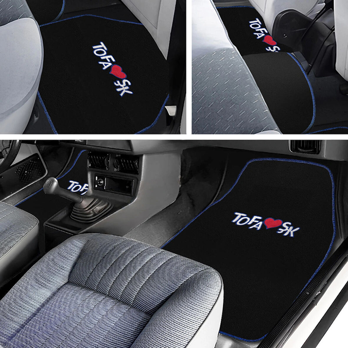 Tofaş Şahin Doğan Kartal Uyumlu Siyah Halı Paspas 5'li Set | Mavi Şeritli Nakışlı Oto Paspas Takımı