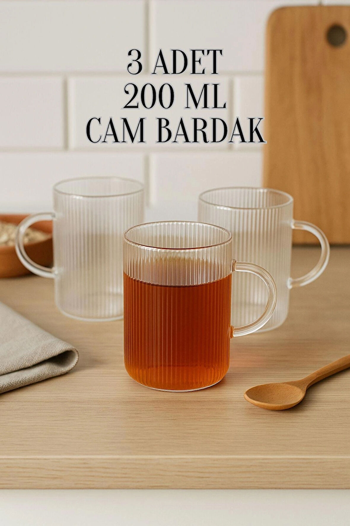 3 Adet Çizgili Kulplu Isıya Dayanıklı Borosilikat Cam Kahve Çay Bardak - 200 ml Cam Çay Bardağı