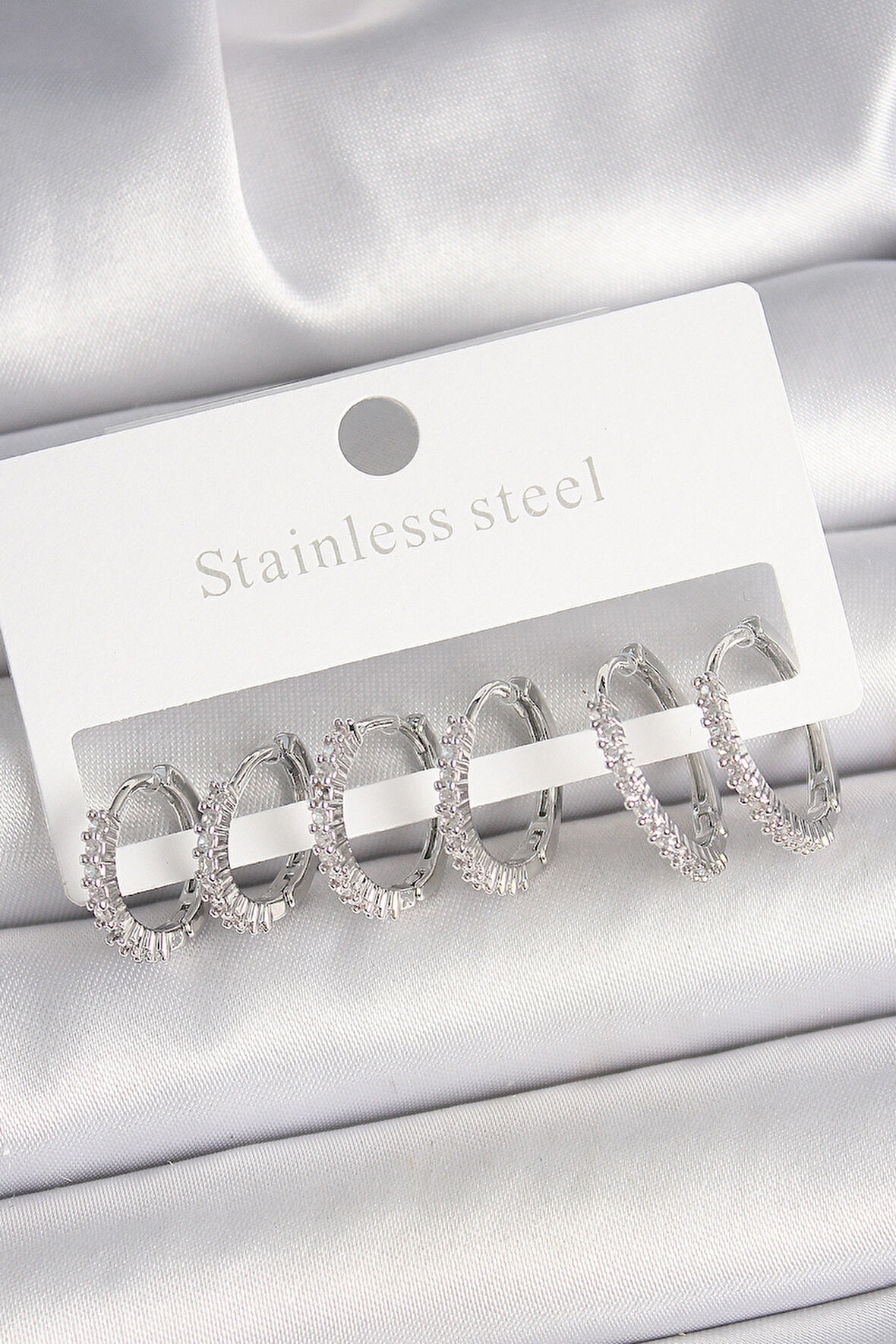 Pirinç Gümüş Renk Zirkon Taşlı 3 Çift Halka Model Kadın Küpe - TJ-BKP10335