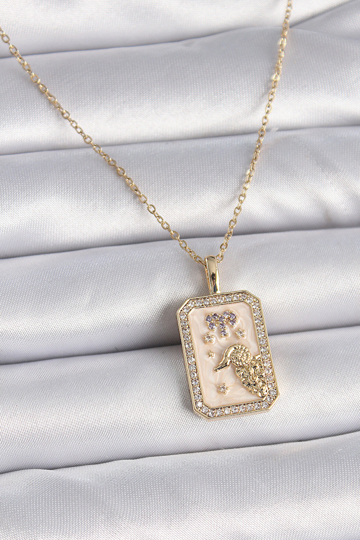 316L Çelik Gold Renk Zincir Koç Burcu Zirkon Taşlı Kadın Kolye - TJ-BKO9462