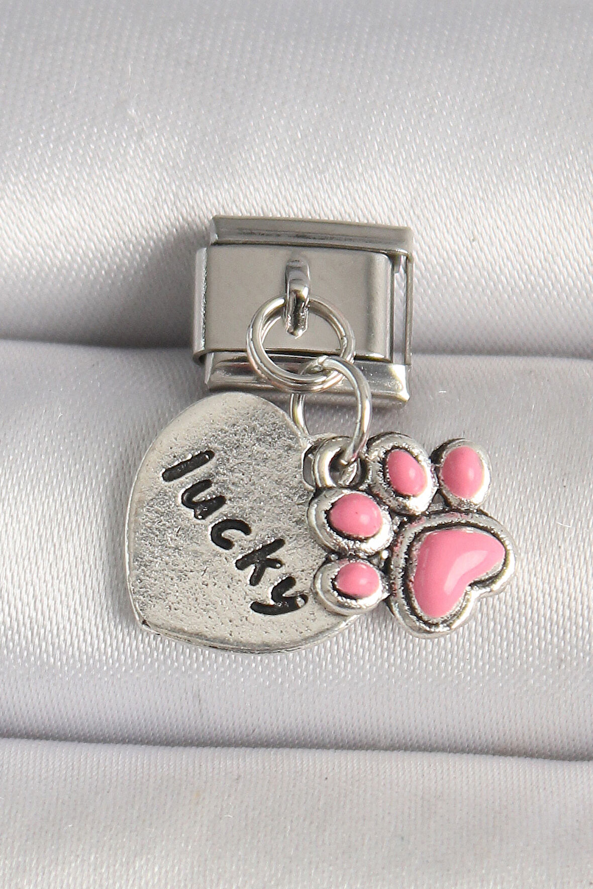 316L Çelik Gümüş Renk Pembe Pati 'lucky' İşlemeli Kalp Model Nomination Charm - TJ-BC1236