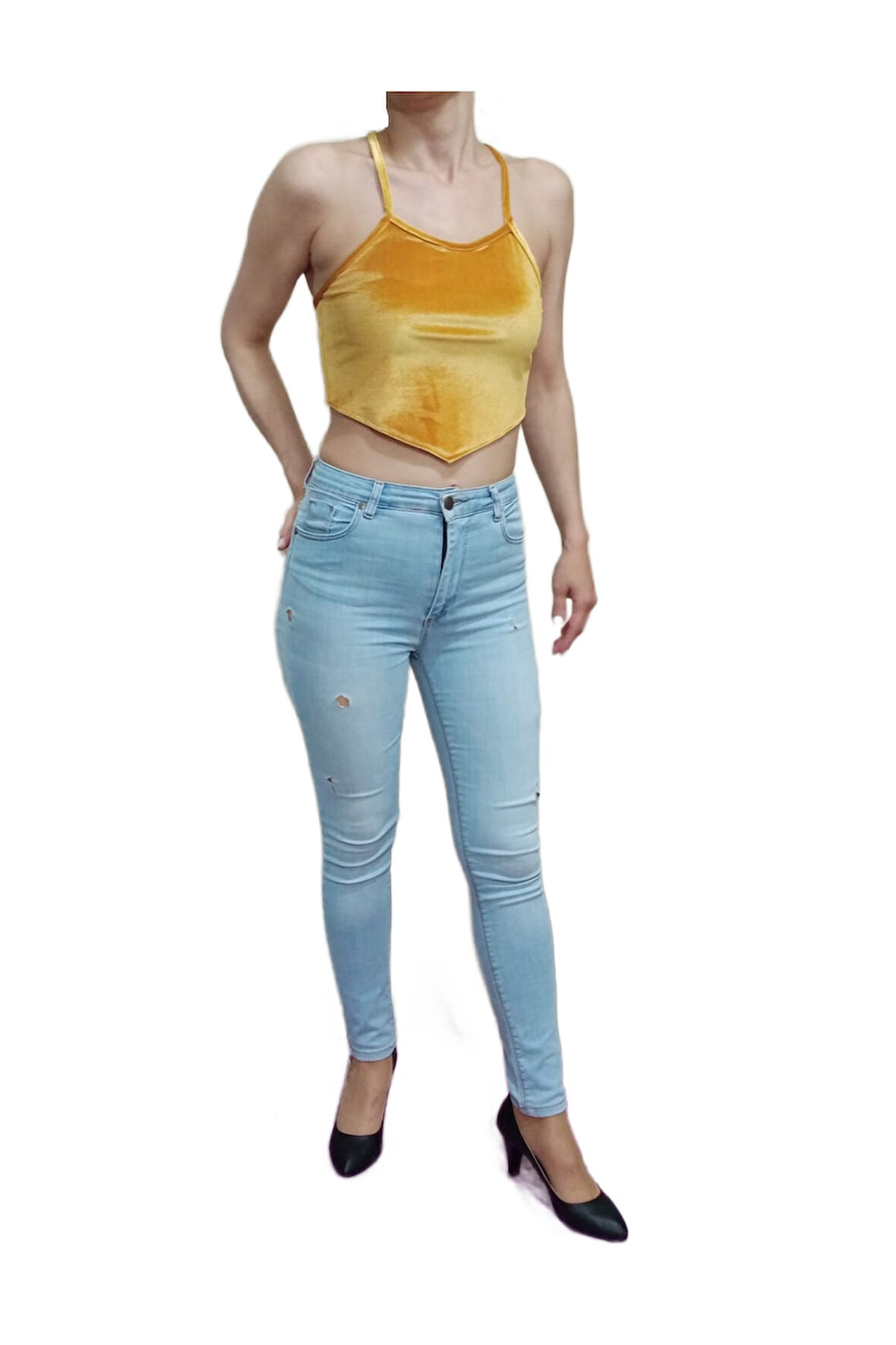 Hardal Renk Kadife Asimetrik Kesim Çapraz Askılı Crop