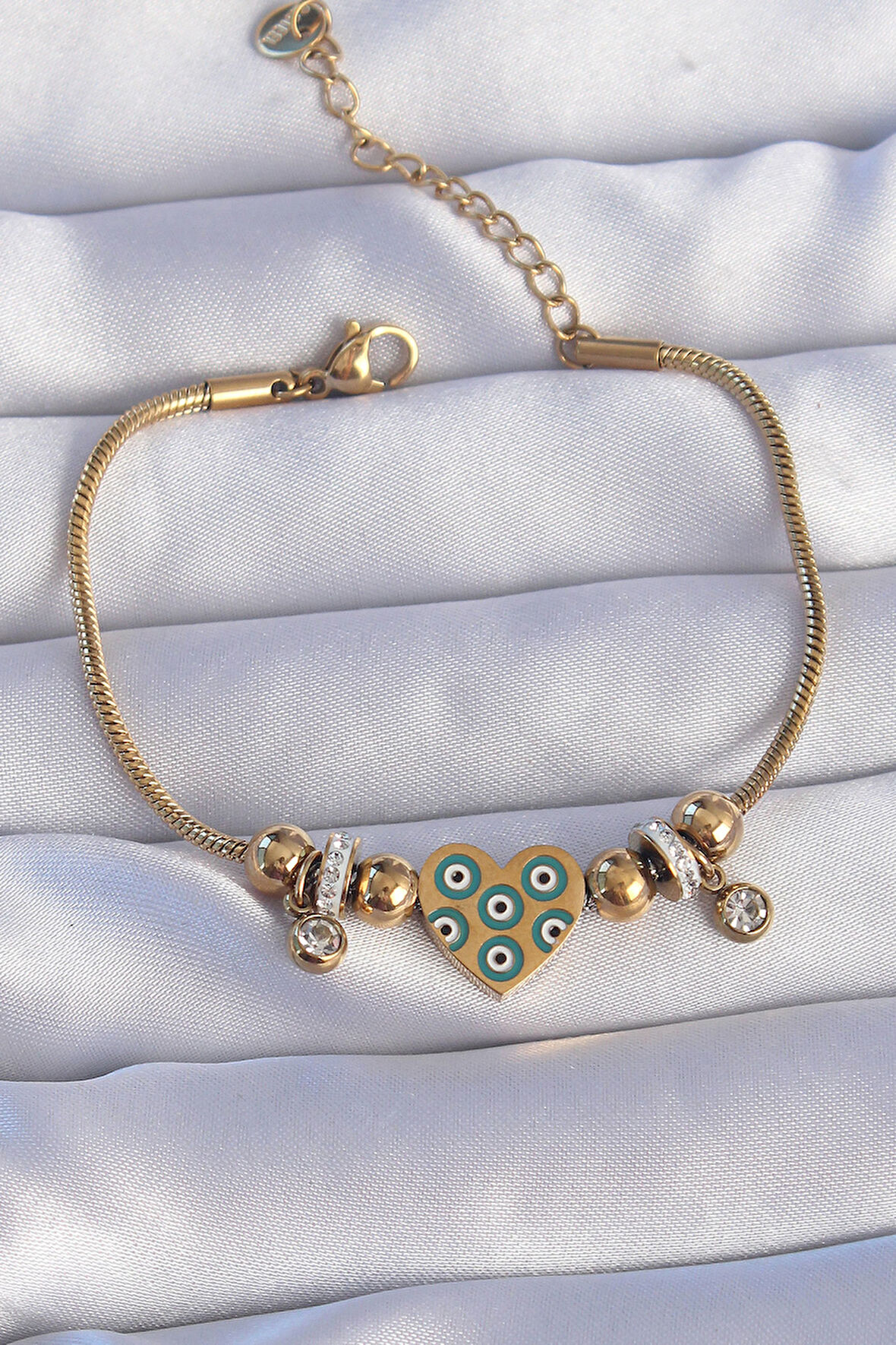 Tegan 316L Çelik Gold Renk Zirkon Taşlı Nazarlı Kalp Tasarımlı Bileklik TG27BB6199