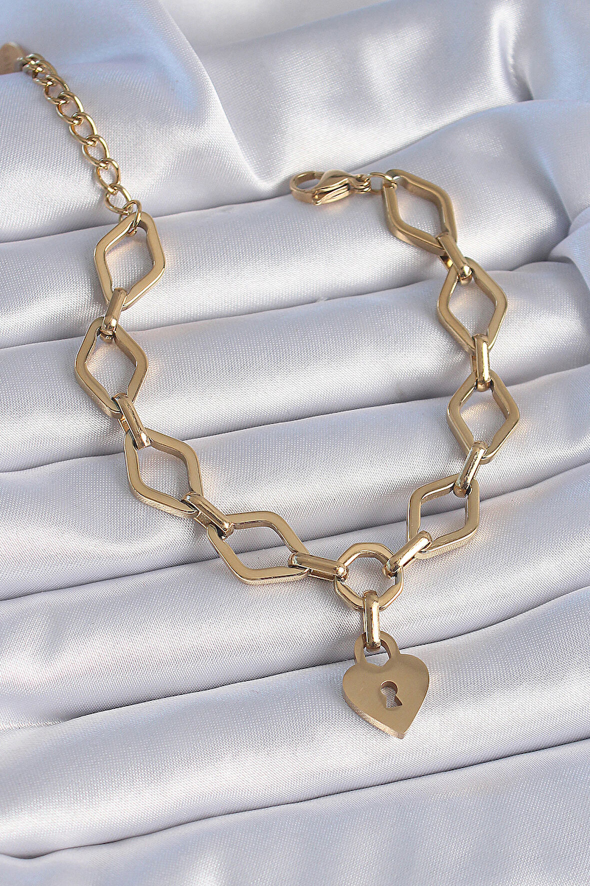 Tegan 316L Çelik Gold Renk Zincir Model Kilit Kalp Figür Kadın Bileklik TG27BB6434