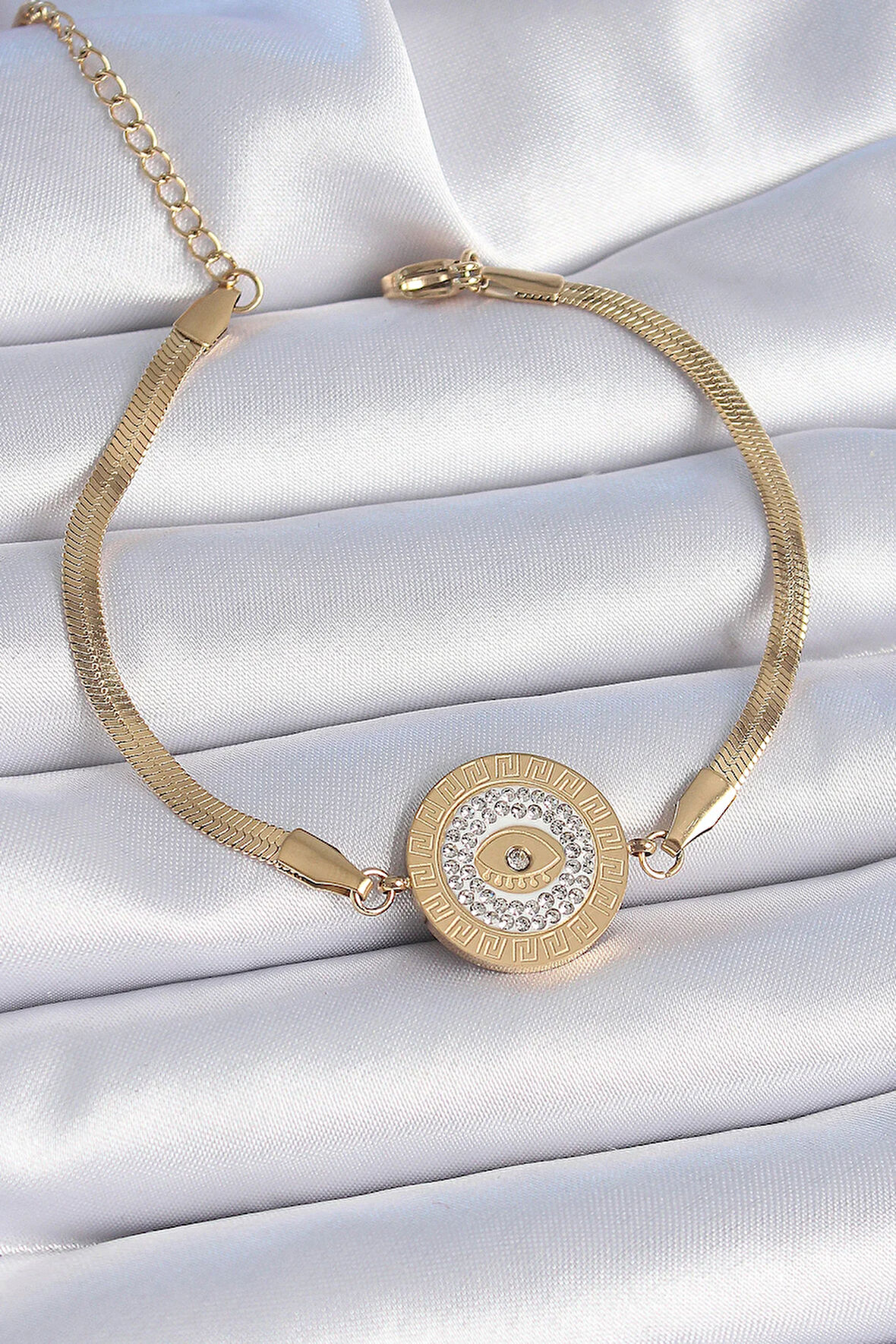 Tegan 316L Çelik Gold Renk İtalyan Zincir Zirkon Taşlı Göz İşlemeli Madalyon Model Kadın Bileklik TG27BB6445