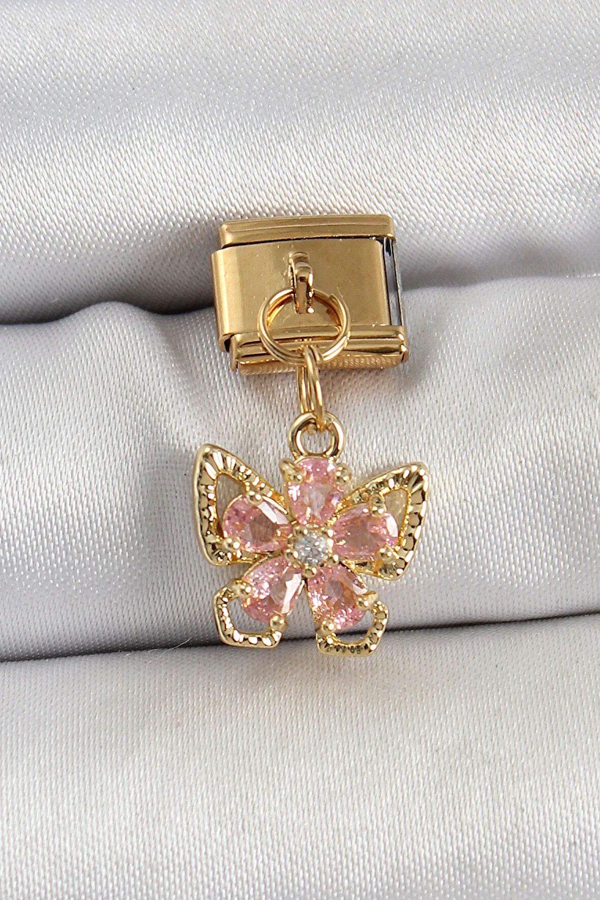 Tegan 316L Çelik Sallantılı Zirkon Taşlı Çiçek Figürlü Kelebek Model Gold Renk Nomination Charm TG27BC1419