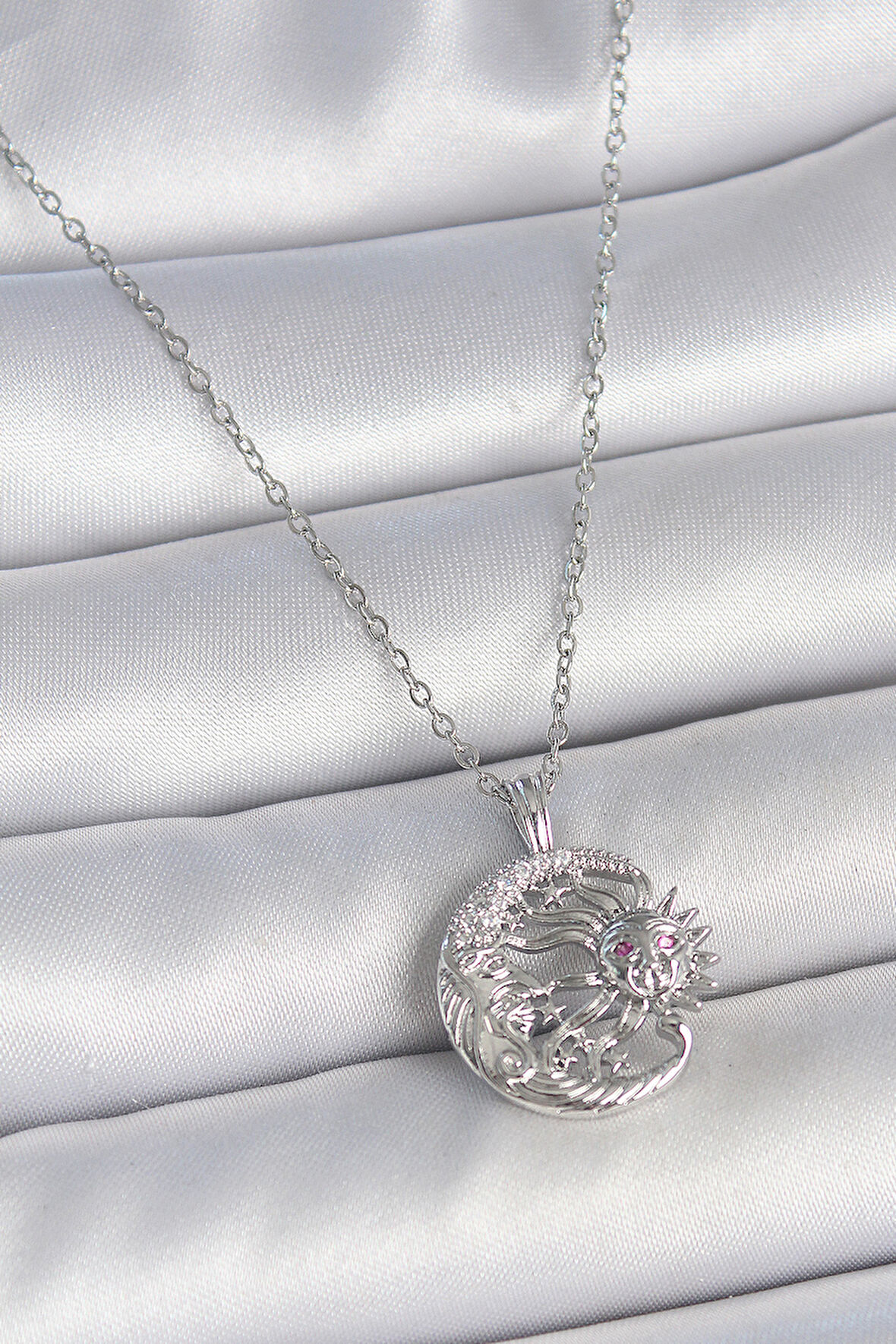 Tegan 316L Çelik Gümüş Renk Zincir Ay Güneş Model Zirkon Taş Detay Kadın Kolye TG27BKO10056