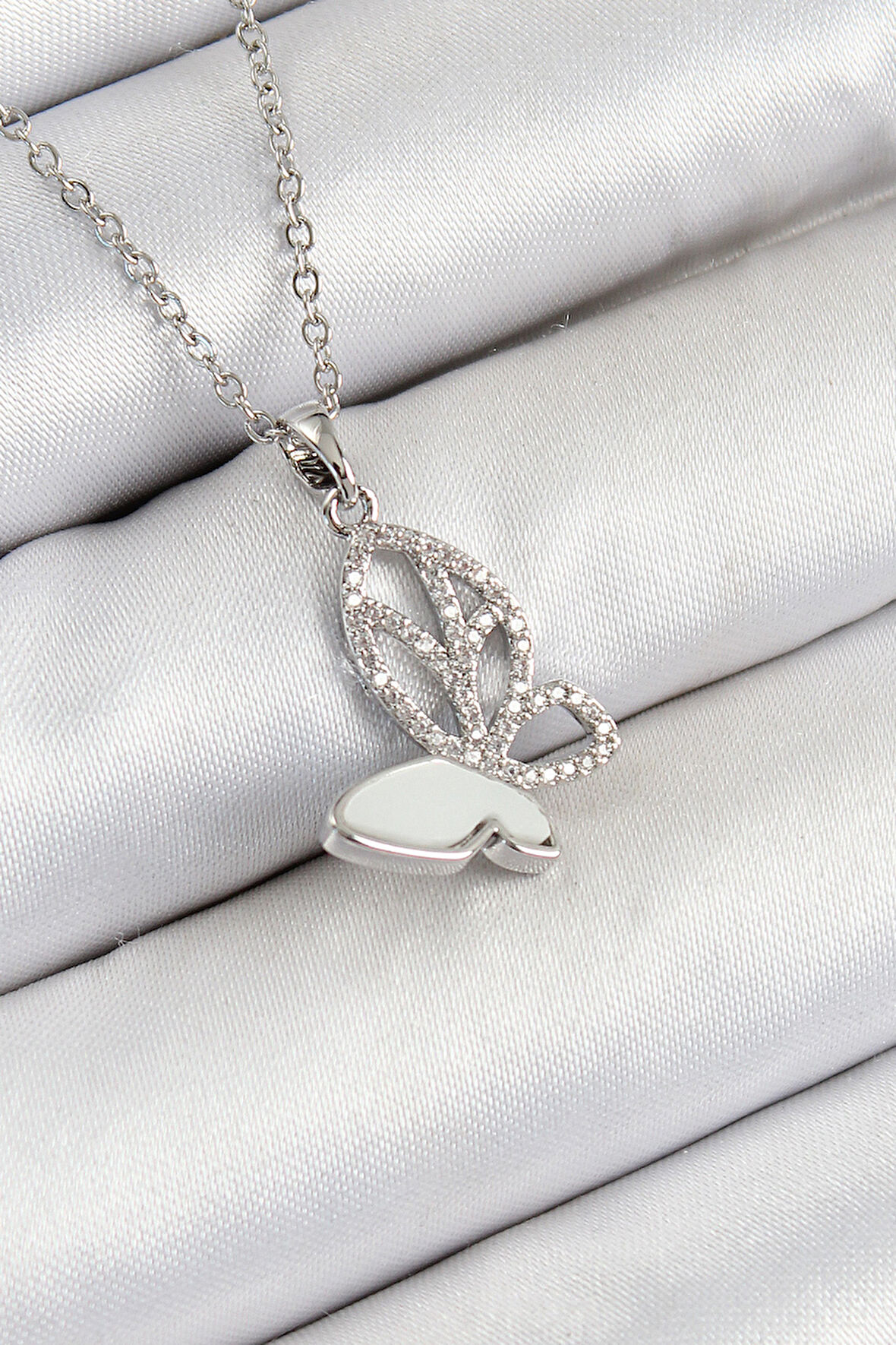 Tegan 316L Çelik Zirkon Taşlı Kelebek Model Gümüş Renk Kadın Kolye TG27BKO10404