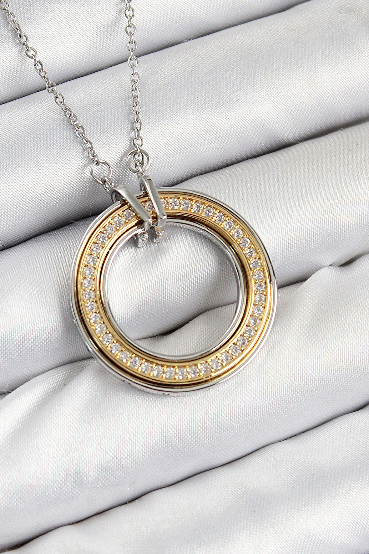 Tegan 316L Çelik Zirkon Taşlı Dönen Daire Model Gold Ve Gümüş Renk Kadın Kolye TG27BKO10479