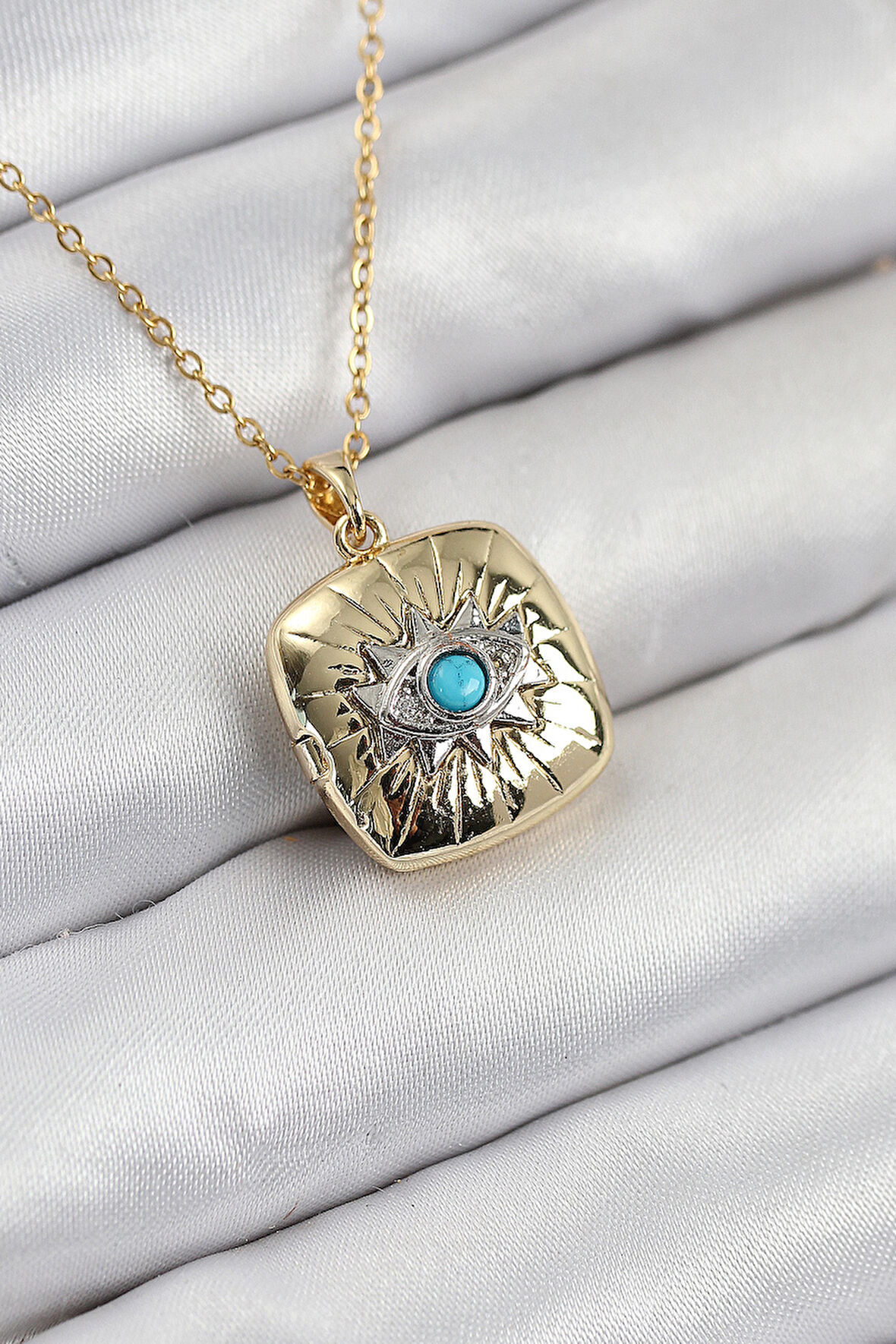 Tegan 316L Çelik Zirkon Taşlı Açılabilr Kapaklı Göz Model Gold Renk Kadın Kolye TG27BKO10518