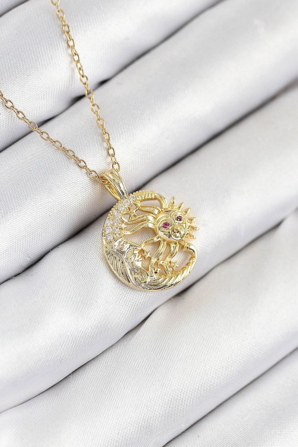 Tegan 316L Çelik Zirkon Taşlı Ay Ve Güneş Model Gold Renk Kadın Kolye TG27BKO10539