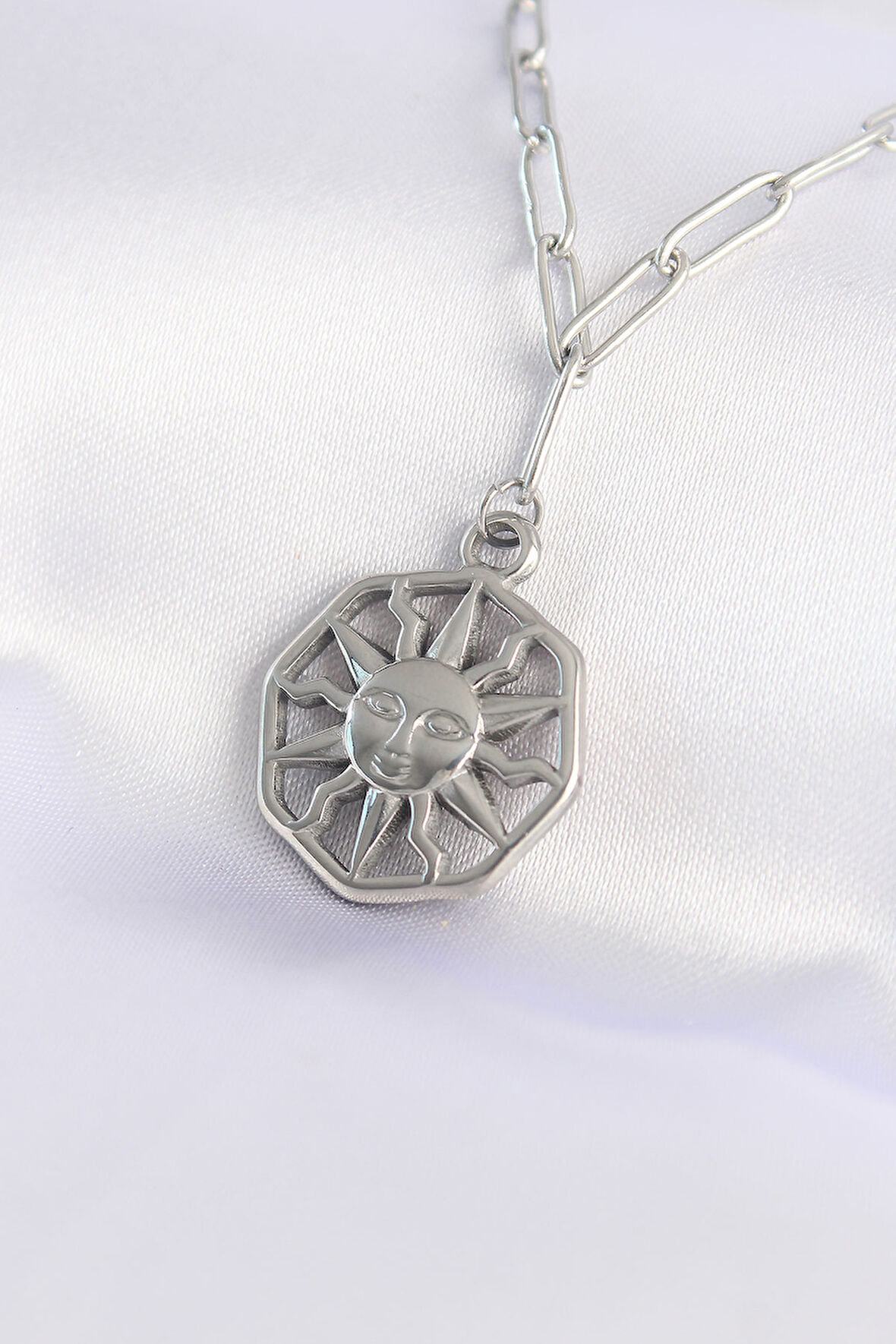 Tegan 316L Çelik Zincir Gümüş Renk Güneş Kolye TG27BKO8645