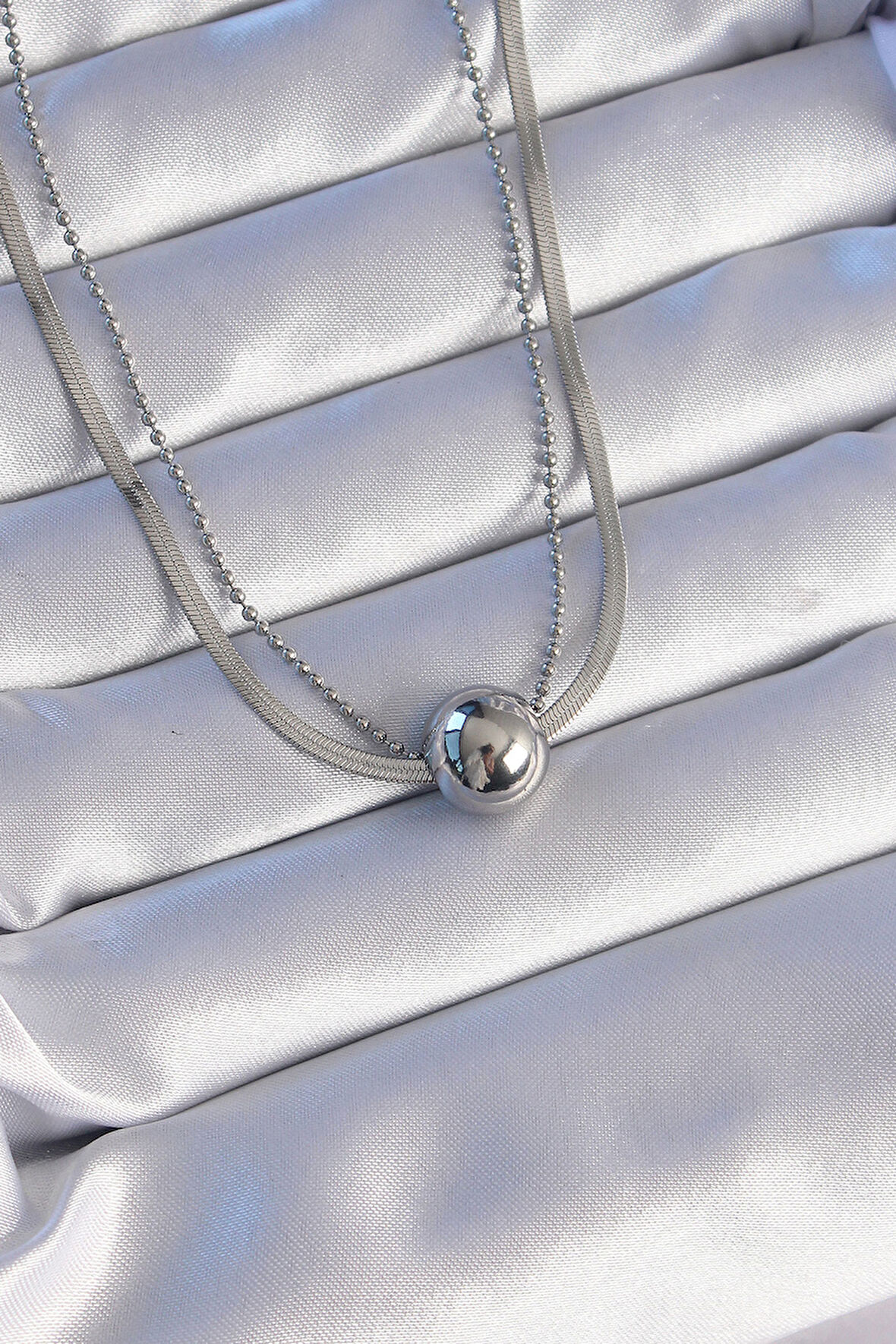 Tegan 316L Çelik Çift Zincirli Gümüş Renk Topçuk İtalyan Model Kolye TG27BKO8877