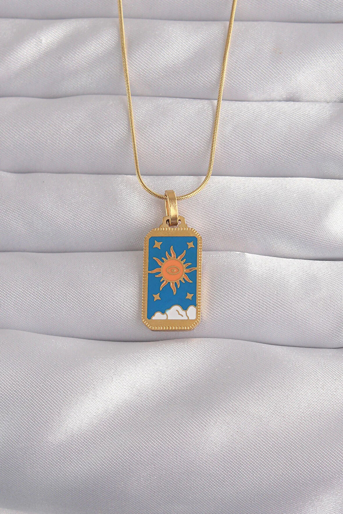 Tegan 316L Çelik Gold Renk Mavi Mineli Güneş Model Tarot Kolye TG27BKO9026